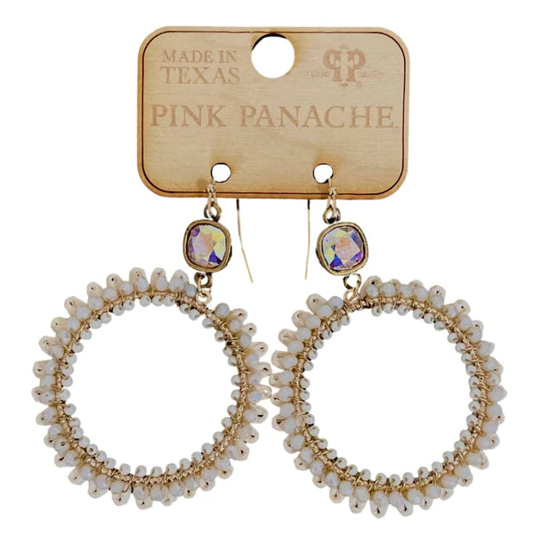 Pink Panache 8mm Bronze/AB Cushion Cut Connector on White Bead Circle Earrings-Earrings-Pink Panache-Created - 01/15/24-The Twisted Chandelier