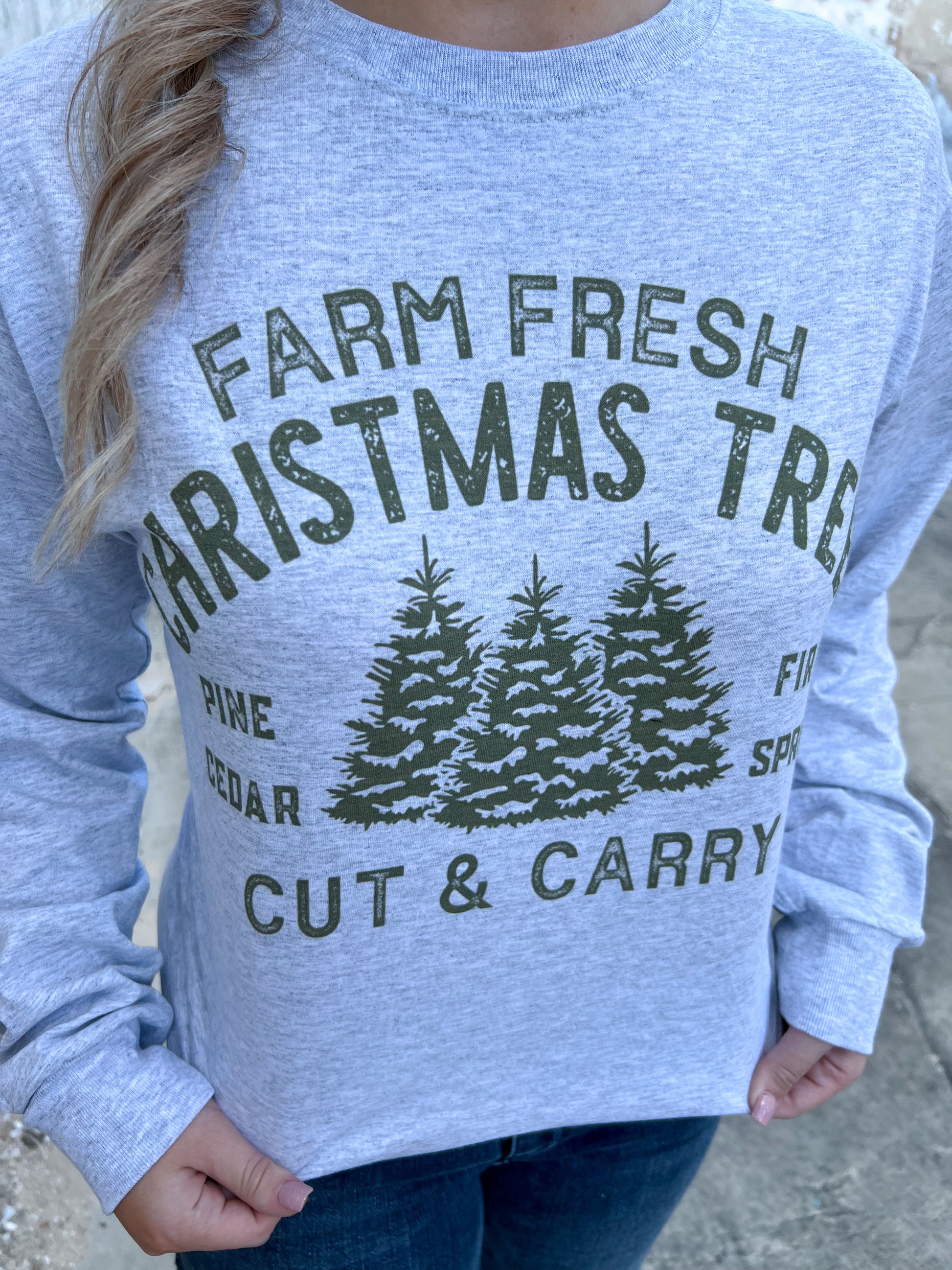 Farm Fresh Christmas Trees Graphic Long Sleeve T-Shirt-Top-Tees2urdoor-BIN D6-The Twisted Chandelier