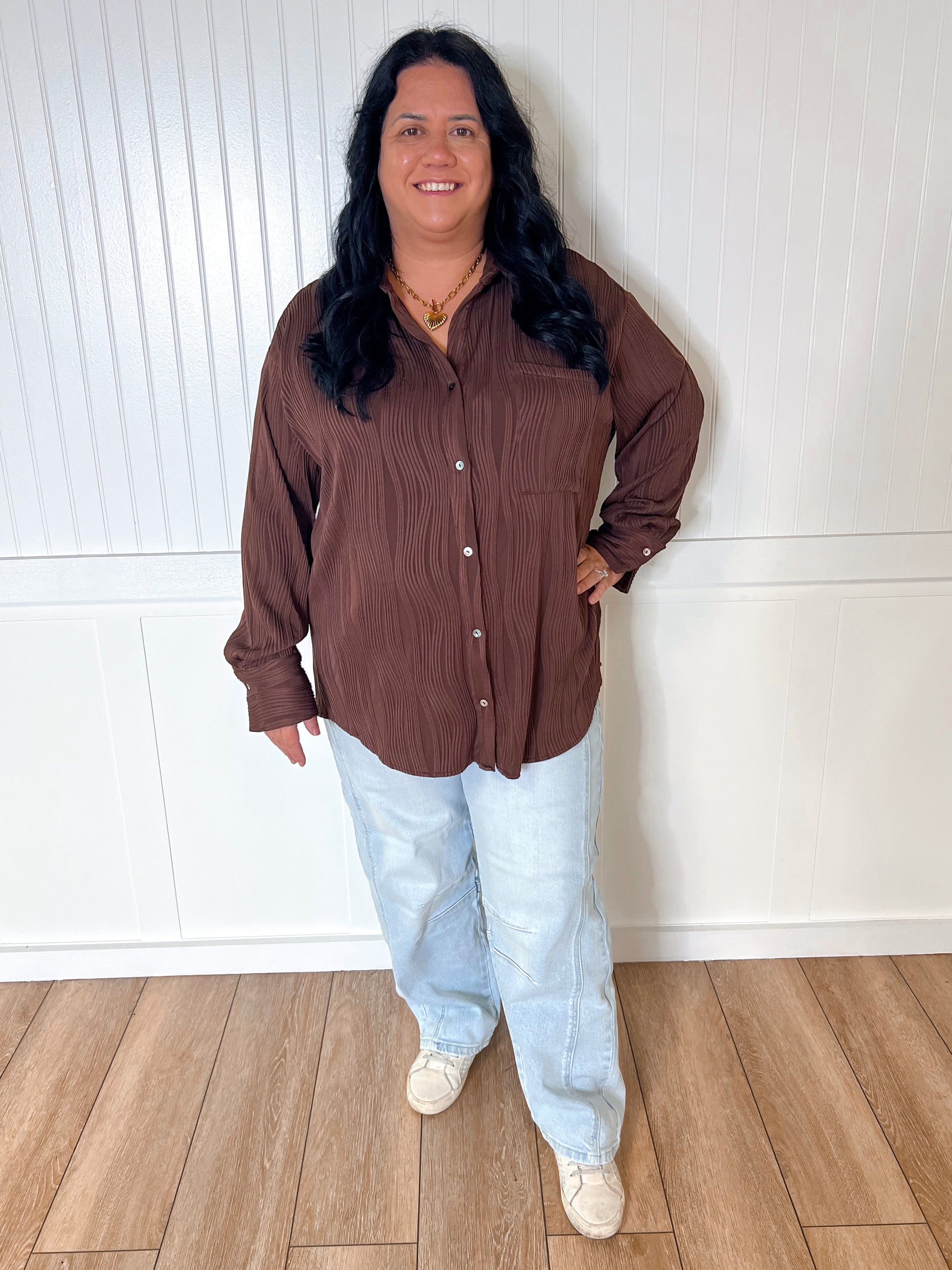 Bella Solid Textured Long Sleeve Button Up Top Plus - Chocolate-TOP-Entro-05/27/24,1st md,BIN D3,Max Retail,Tops Collection-The Twisted Chandelier