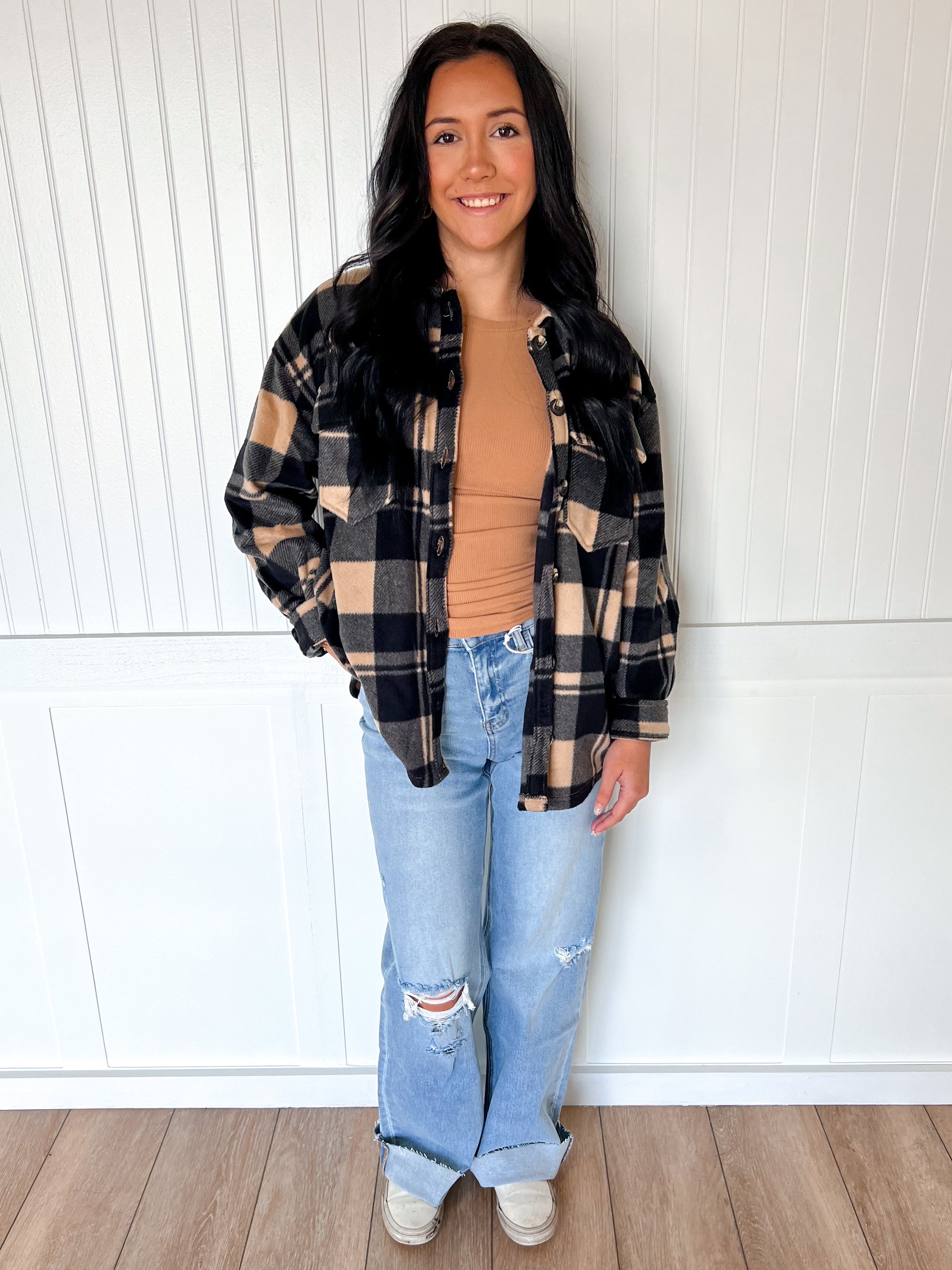 Loretta Long Sleeve Check Printed Fleece Shacket-Active Basic | Active USA-Tops Collection-The Twisted Chandelier