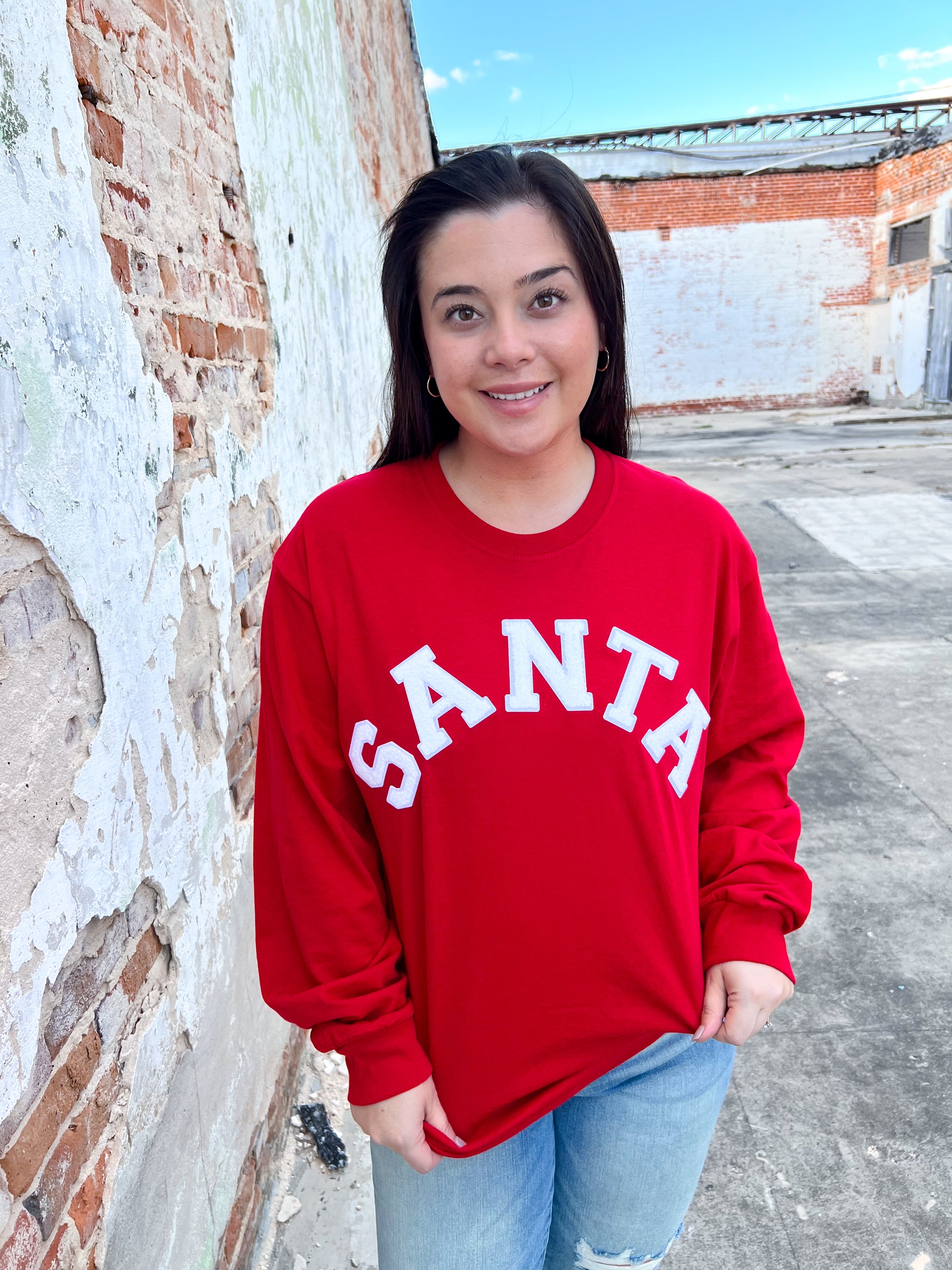 Soft Ideal Chenille Santa Long Sleeve T-Shirt-Top-Tees2urdoor-$25 & Under Sale, Bin C1, Tops Collection-The Twisted Chandelier