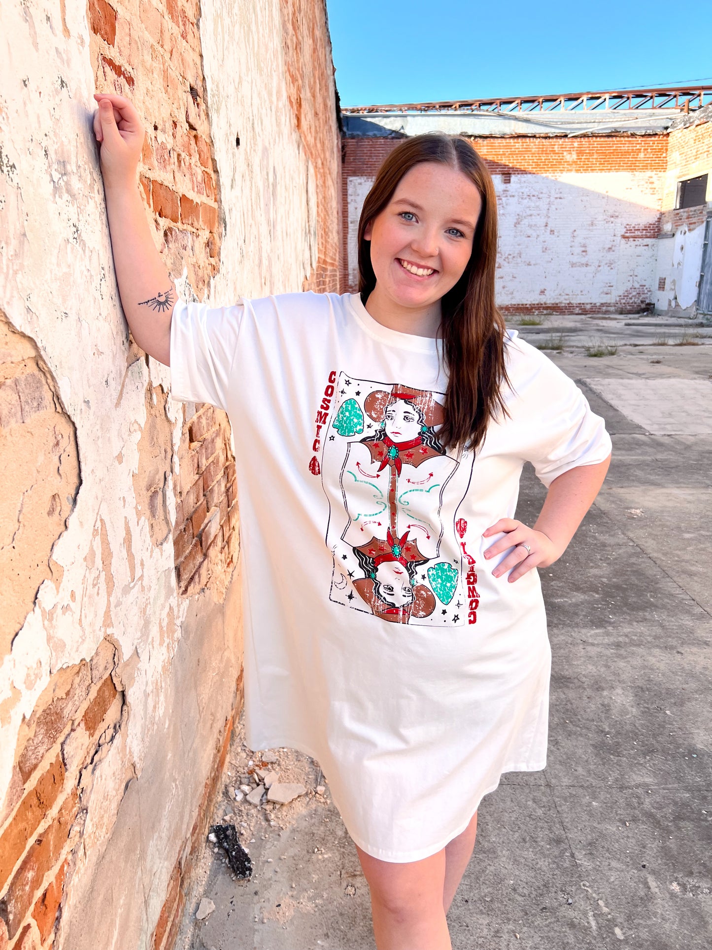 Cosmic Cowgirl On White Tee-Dress-Southern Grace Wholesale-07/06/24, 1st md, 8/8/23, Max Retail-The Twisted Chandelier