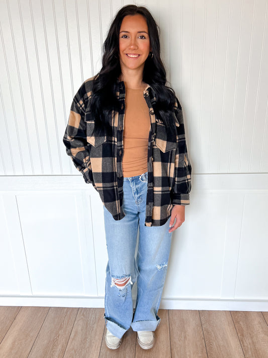 Loretta Long Sleeve Check Printed Fleece Shacket-Active Basic | Active USA-Tops Collection-The Twisted Chandelier