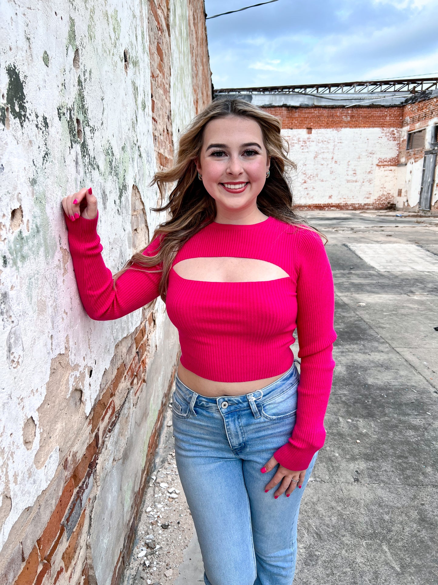 Kaylee Long Sleeve Cropped Cut Out Top - Fuchsia-TOPS-hyfve-04/25, 05/27/24, 1st md-The Twisted Chandelier