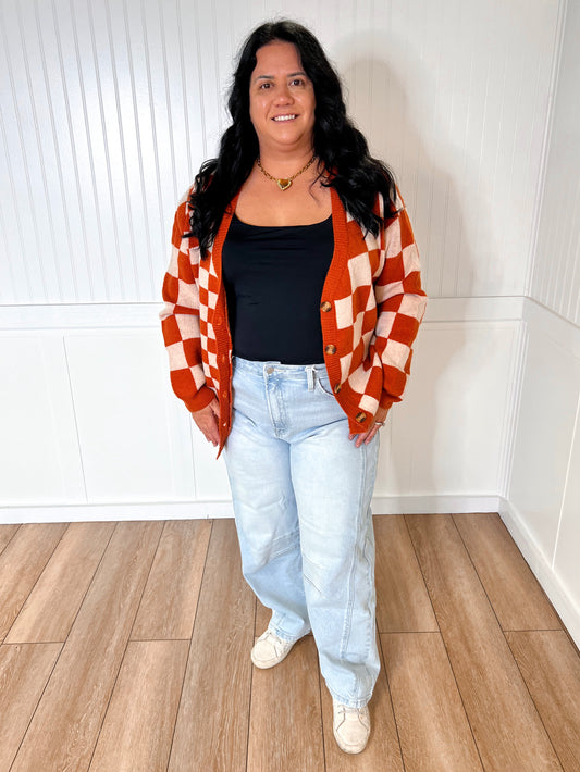 Ophelia Orange Checkered Cardigan-Cardigan-Southern Grace Wholesale-5390,Max Retail-The Twisted Chandelier