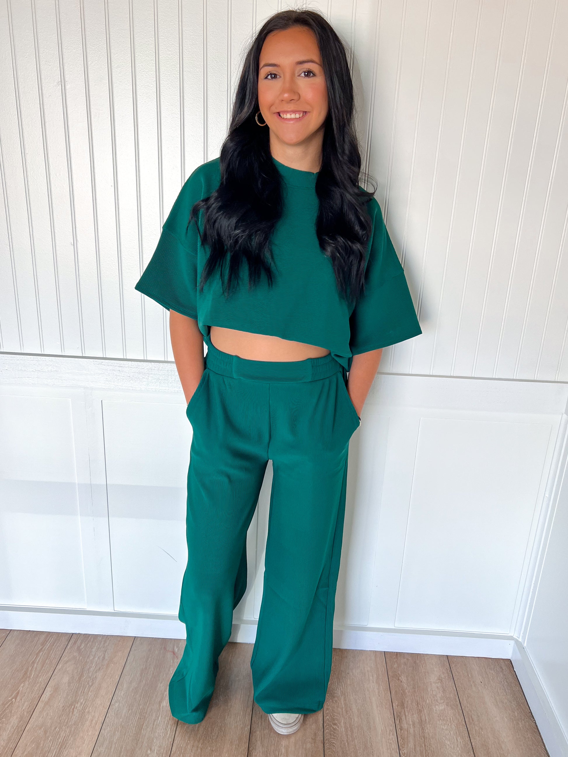 Jovie Ribbed Round Neck Tee & Pants Set – Soft Knit Two-Piece Lounge Outfit - Hunter Green-Outfit Sets-Zenana-FD 11/6/25-The Twisted Chandelier