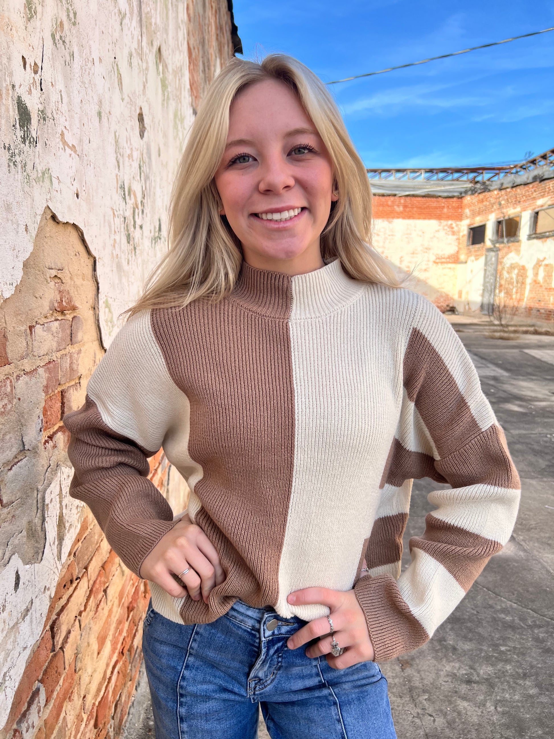 Simone Stripe Colorblock Mock Neck Sweater-Sweater-Blu Pepper-FD 12/31/24, Tops Collection-The Twisted Chandelier