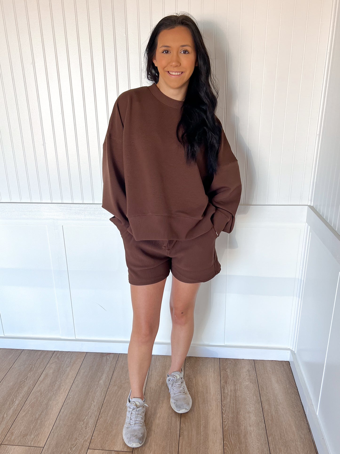 Nila Ribbed Round Neck Pullover and Short Set - Brown-Zenana-The Twisted Chandelier