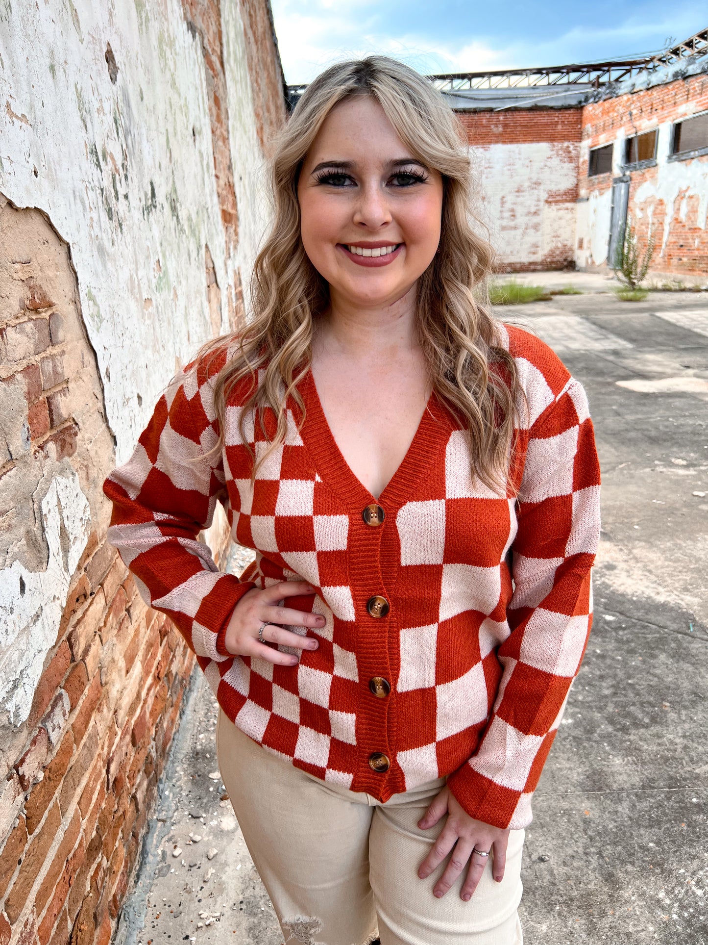 The Ophelia Orange Checkered Cardigan-Cardigan-Southern Grace Wholesale-11/11/24, 1st md, 5390, BIN A3, OGP 67.99-The Twisted Chandelier