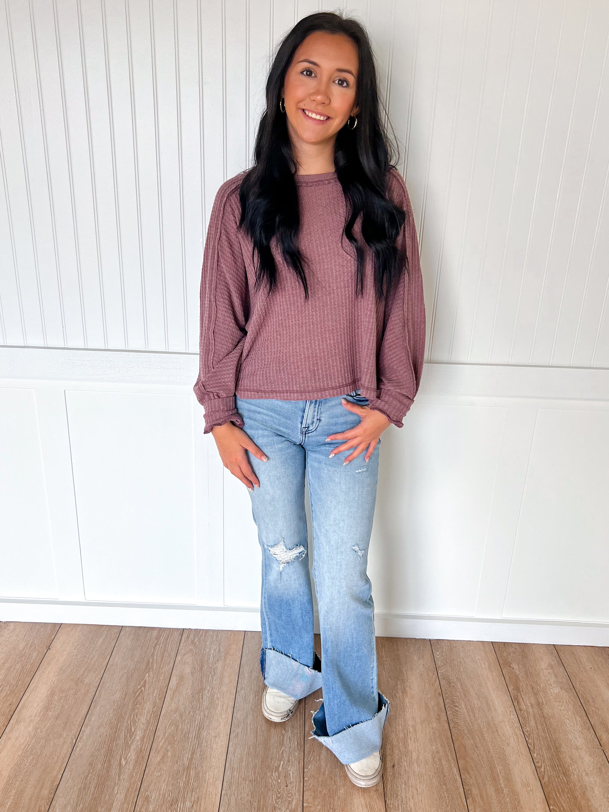 Everly Brushed Waffle Fabric Loose Fit Long Sleeve Top-La Miel-Bin a1,FD 8/5/25,HAT7565,Tops Collection-The Twisted Chandelier