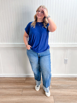 Addie Slub Cuffed Sleeve Tee - Navy-Top-ZENANA-Tops Collection-The Twisted Chandelier