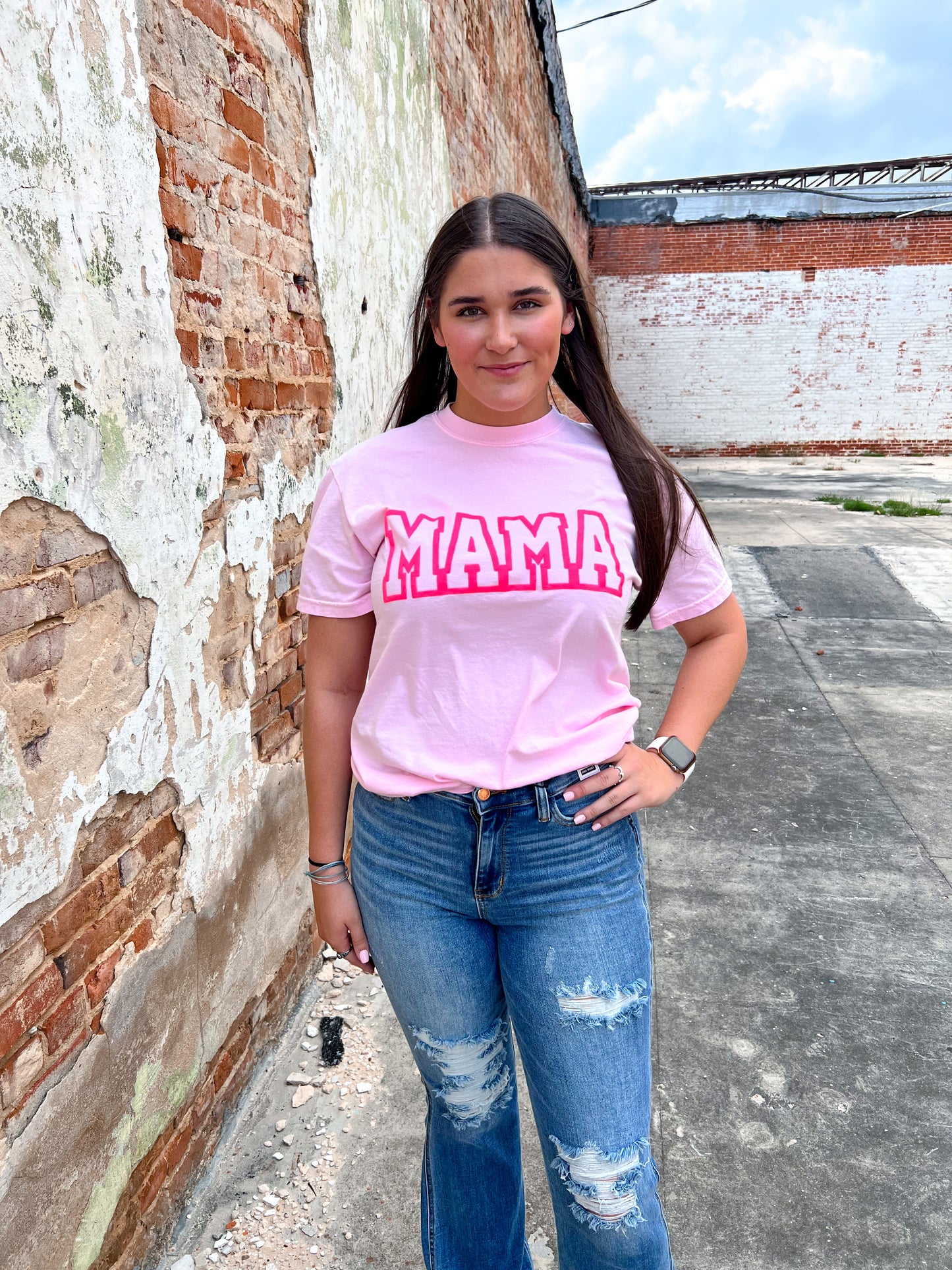 Mama Outline Puff Light Pink Tee-Apparel & Accessories-southern bliss co-11/11/24, 1st md, BIN A4, FD 05/07/24-The Twisted Chandelier