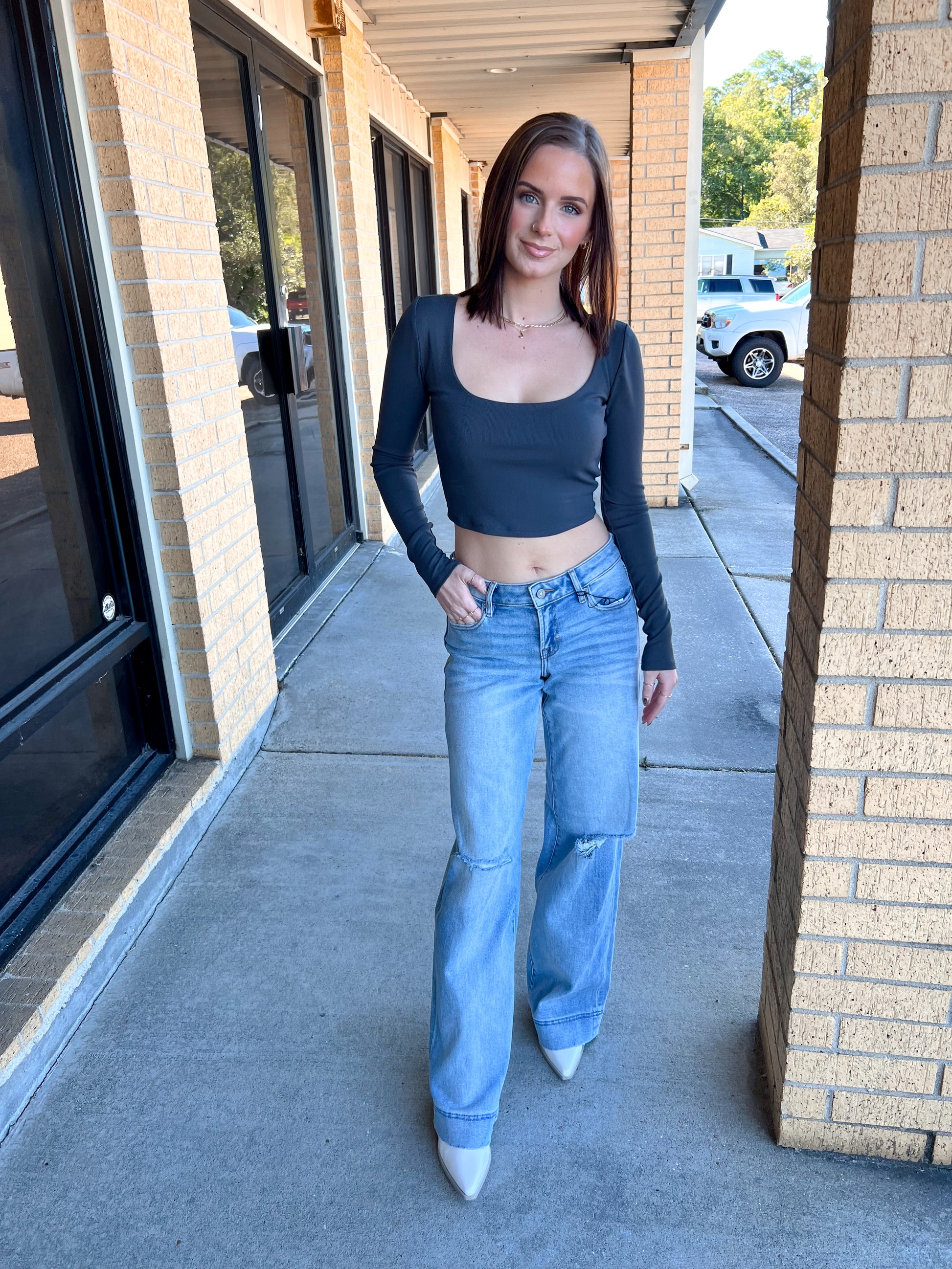 Nori Light Wash Distressed Stretch 33" Inseam Wide Leg Jeans-Hidden Jeans-BIN A 3,Bin b6,bottoms,FD 08/19/25-The Twisted Chandelier