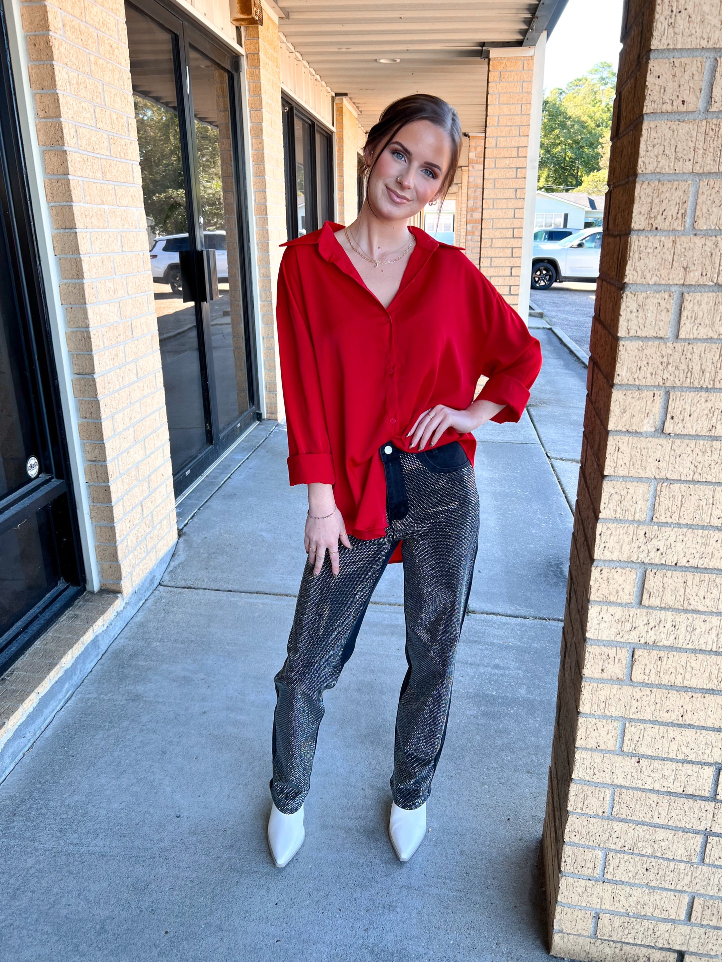 Joanna Red Classic Button Up Top-top-Southern Grace Wholesale-BIN A2,FD 12/23/24,Tops Collection-The Twisted Chandelier