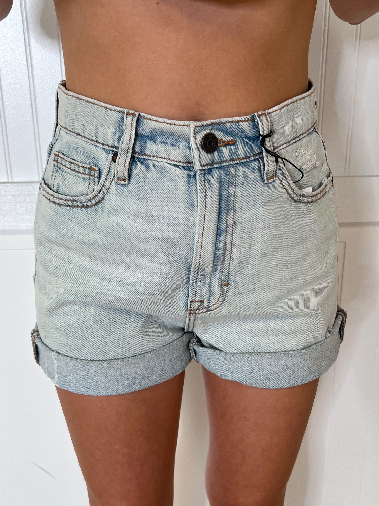 Ashton Light Wash Rolled Cuffed Basic Mom Shorts | Hidden Jeans-Denim Shorts-Hidden Jeans-BIN D3,bottoms,FD 04/01/25-The Twisted Chandelier