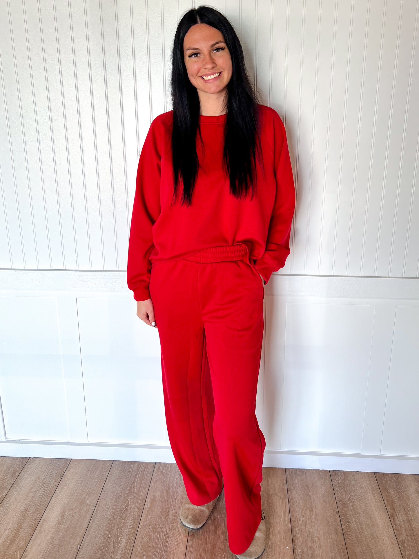 Tessa Scuba Crewneck Pullover & Pants 2-Piece Lounge Set – Soft Stretch Matching Set - Red-Outfit Sets-Zenana-FD 11/6/25-The Twisted Chandelier