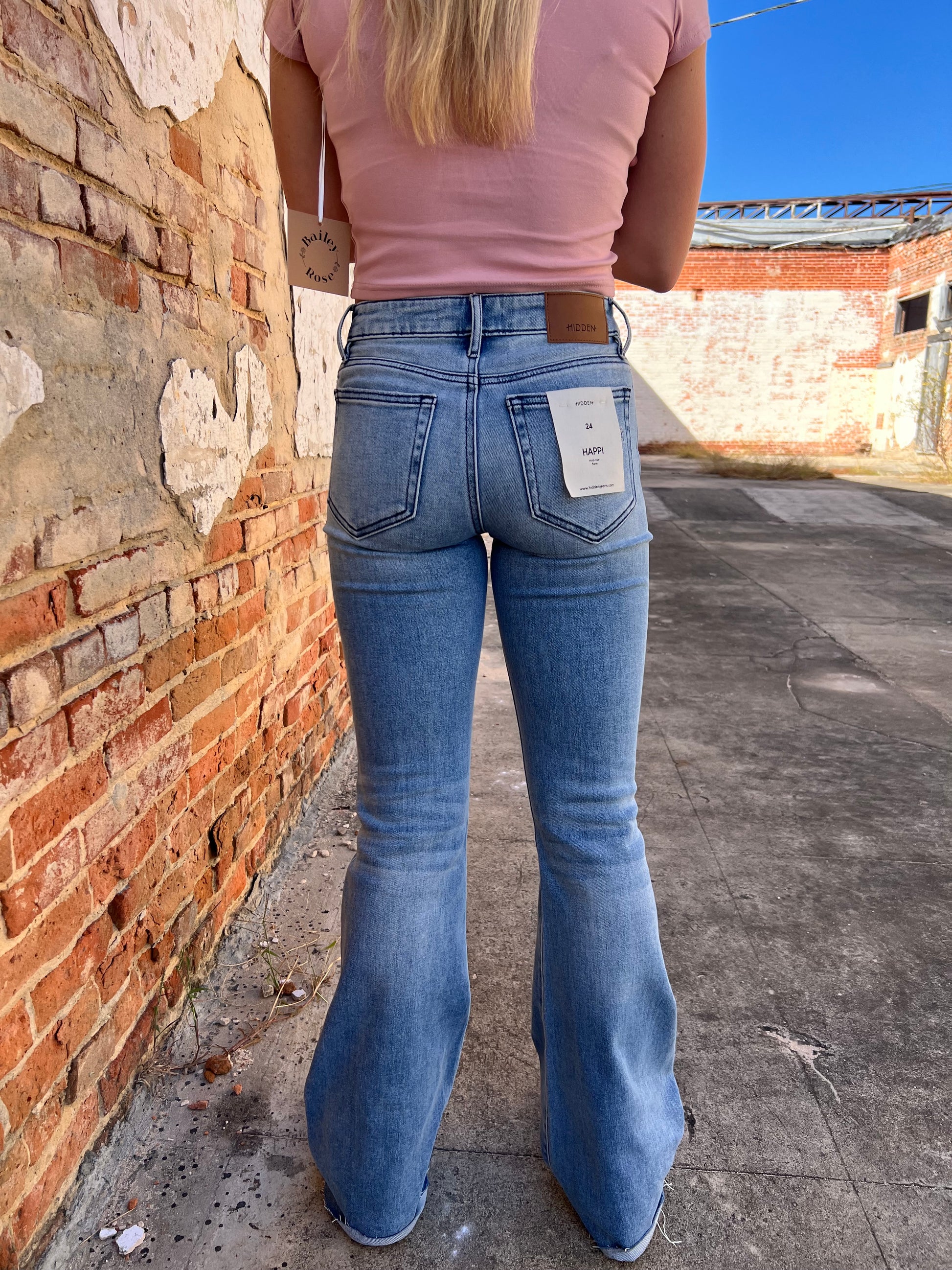 Happi Medium Light Mid Rise Distressed 33" Inseam Flare-Hidden Jeans-Bin b6, bottoms, CR 10/21/24, FD 10/22/24-The Twisted Chandelier