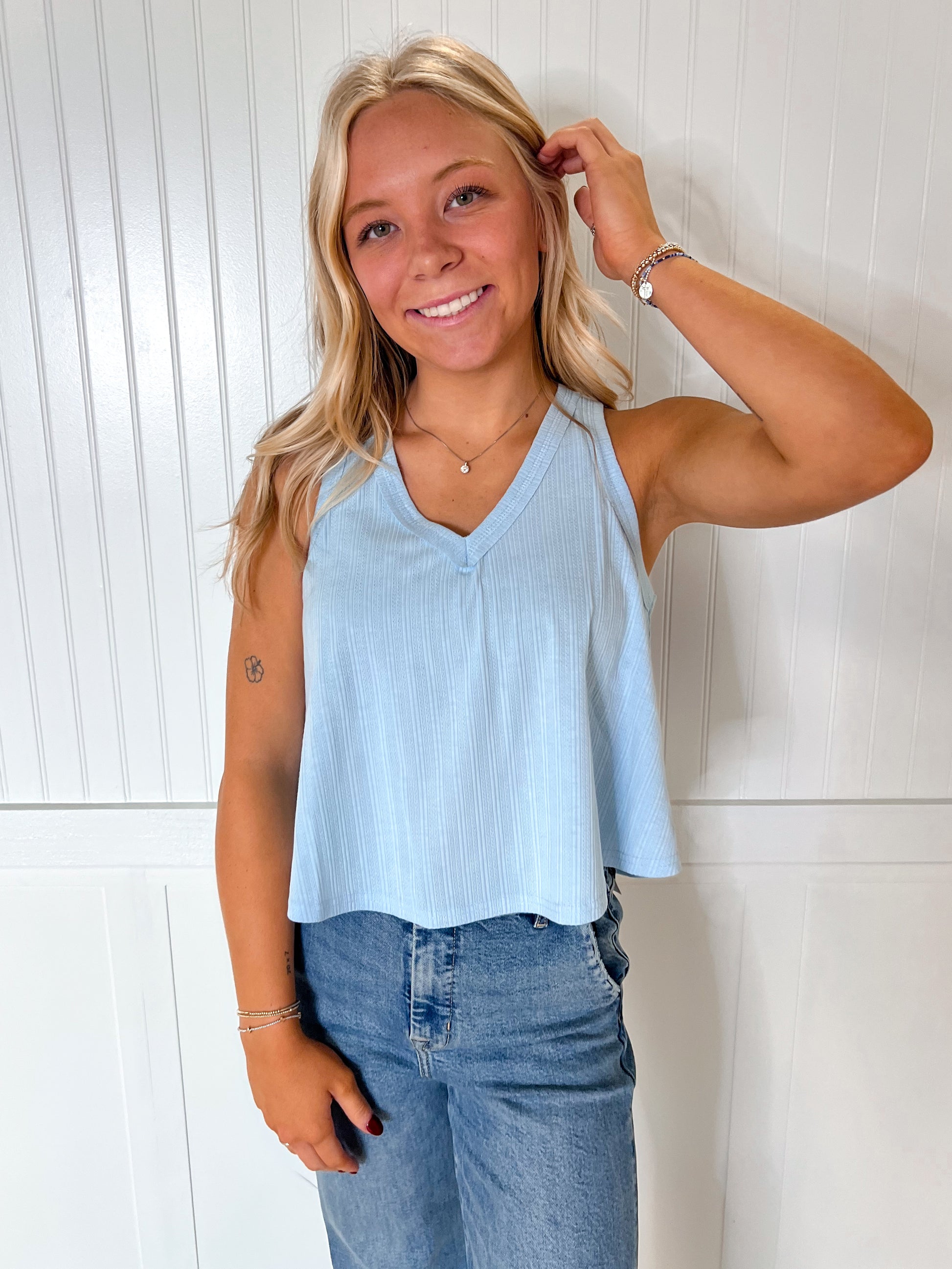 Marda Sleeveless Soft Knit Swing Crop Top - Blue-VERY J-07/24/25,1st md,Bin B5,FD 6/24/25,OGP 28.99,Tops Collection-The Twisted Chandelier