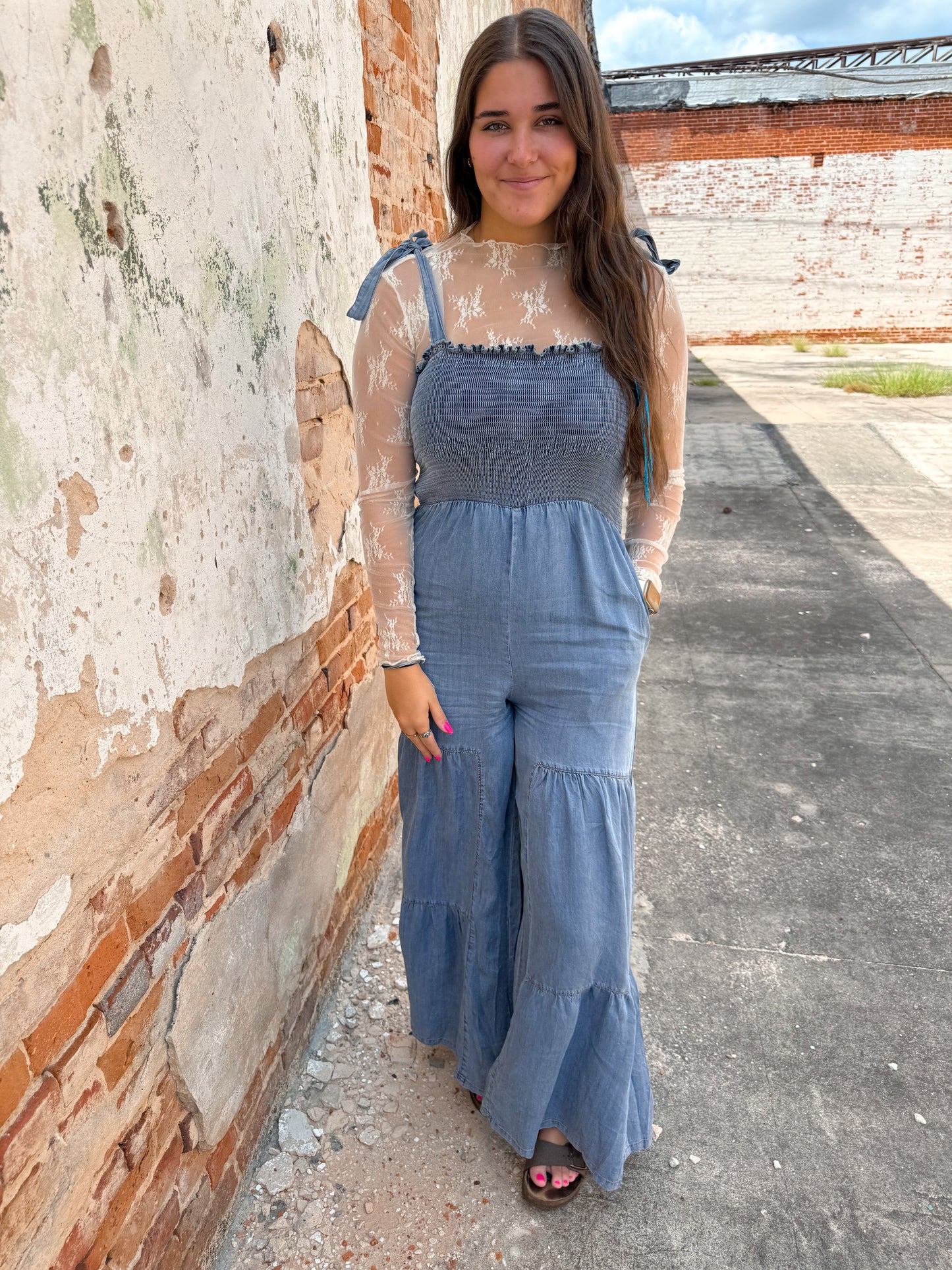 Claira Smocked Tie Shoulder Chambray Palazzo Wide Pant Jumpsuit-Romper-Entro-bin c3, CR 08/05/24-The Twisted Chandelier