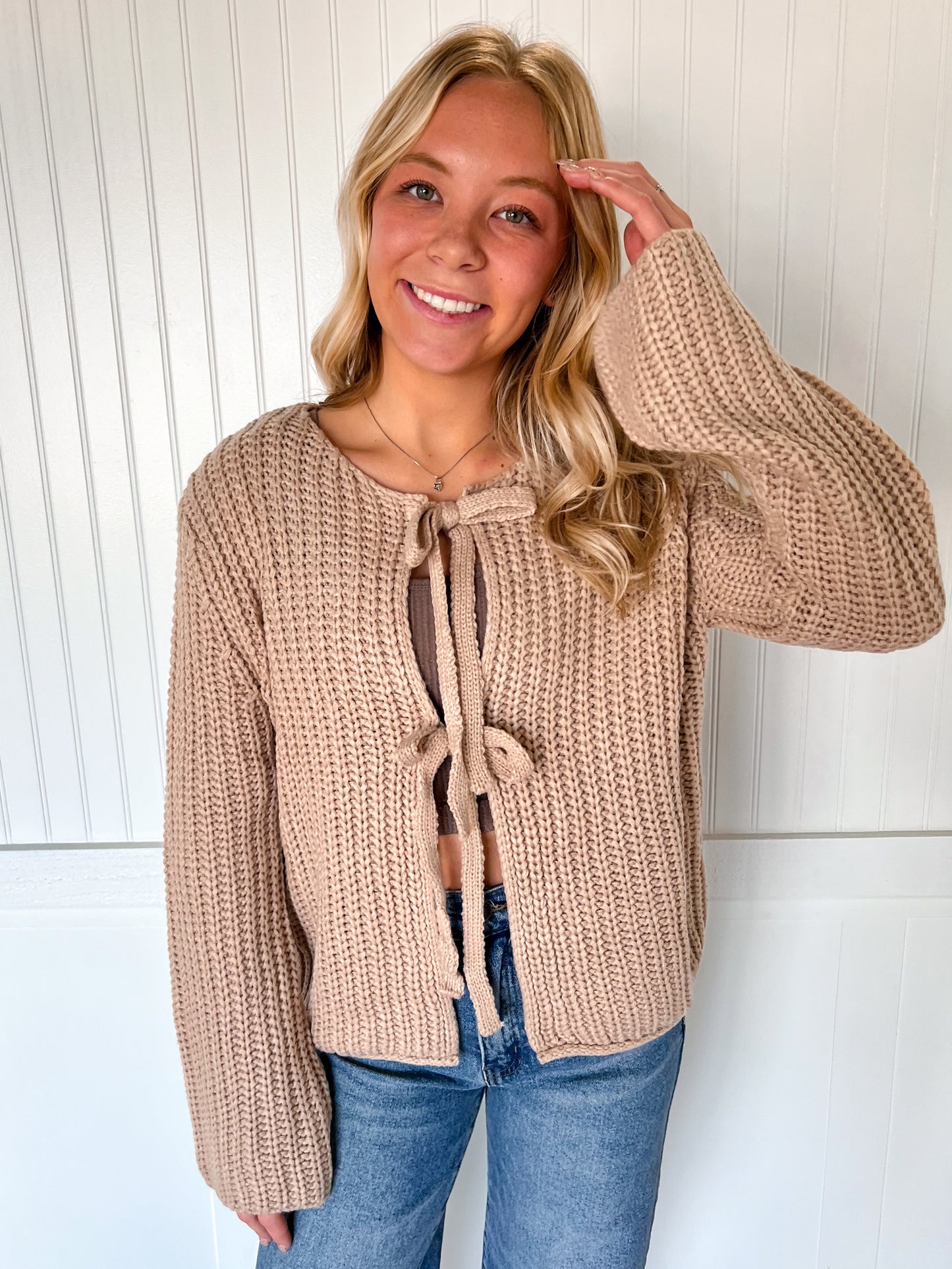 Rowan Neutral Loose Knit Sweater Top with Front Bow Tie Detail-Cardigan-BiBi-FD 11/6/25-The Twisted Chandelier
