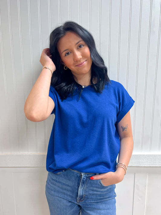 Delaney Cotton Modal Slub Rolled Sleeve Tee - Light Navy-ZENANA-FD 03/12/26,Tops Collection-The Twisted Chandelier