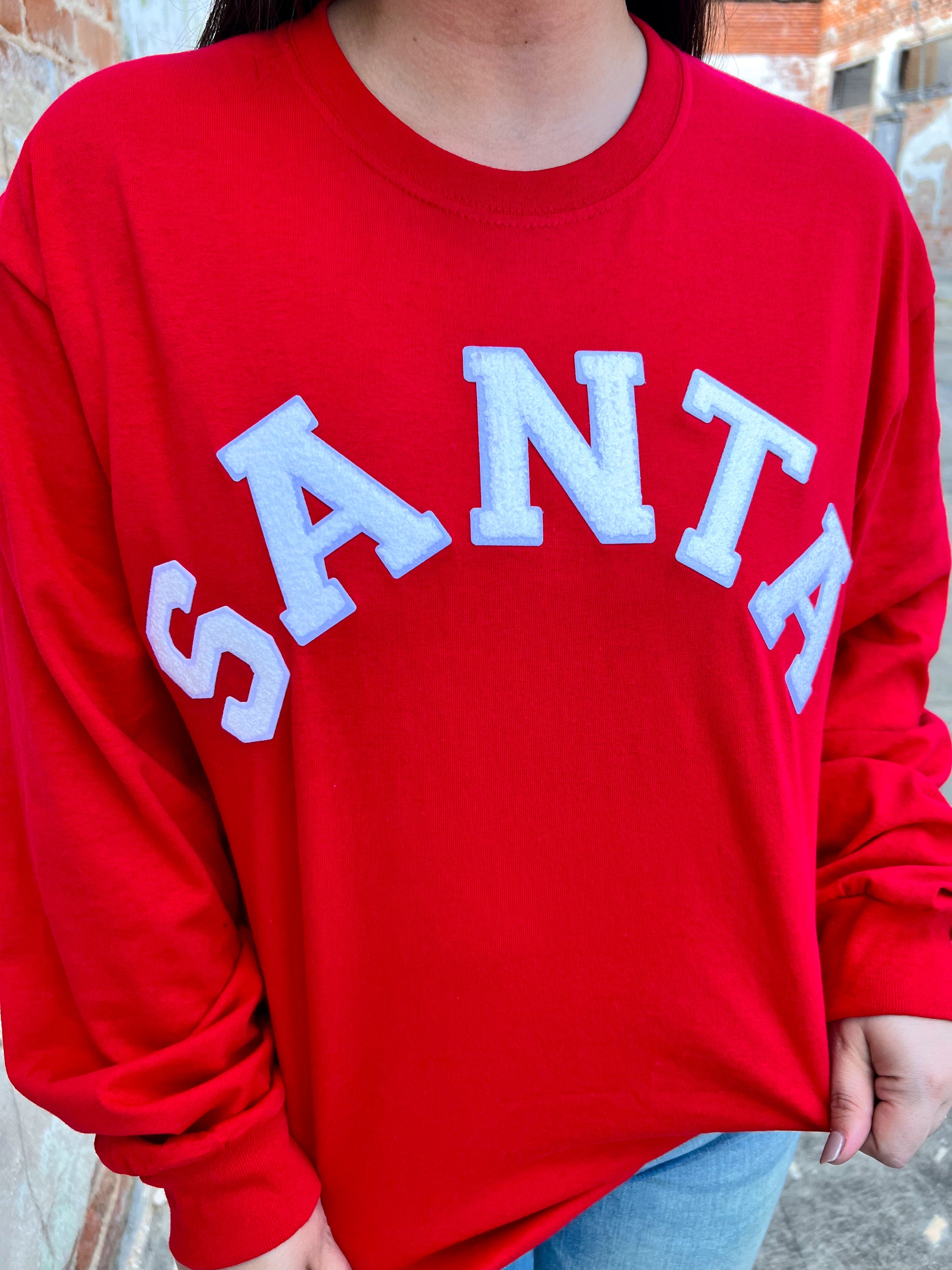 Soft Ideal Chenille Santa Long Sleeve T-Shirt-Top-Tees2urdoor-$25 & Under Sale, Bin C1, Tops Collection-The Twisted Chandelier