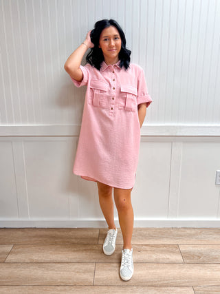 Blair Roll Up Short Sleeve Straight Linen Effect Mini Dress-Dress-Active Basic | Active USA-DJR,FD 02/03/26-The Twisted Chandelier