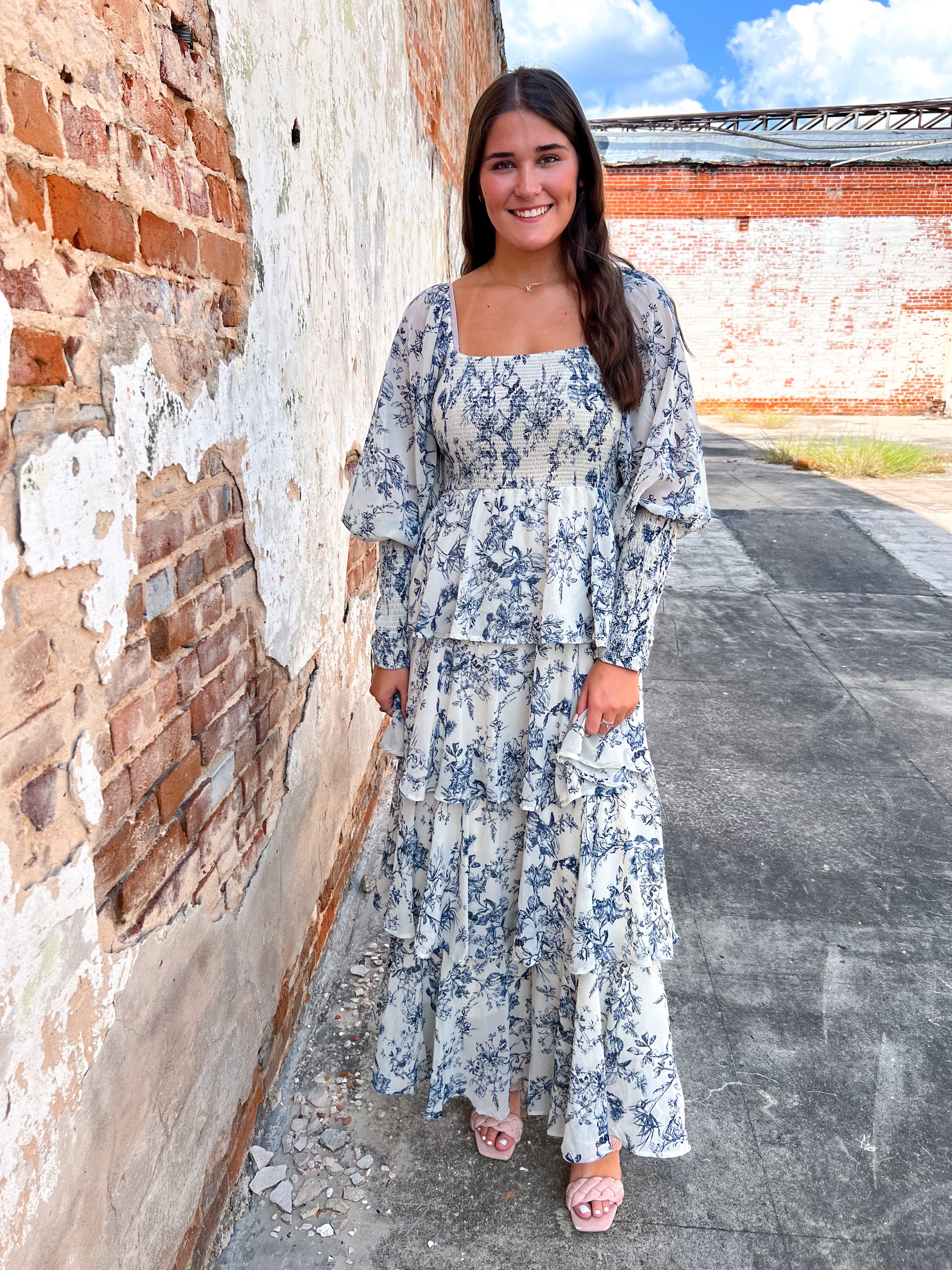 Josephine Floral China Print Long Sleeve Tiered Maxi Dress-Maxi Dress-Entro-BIN A5, CR 08/21/24-The Twisted Chandelier