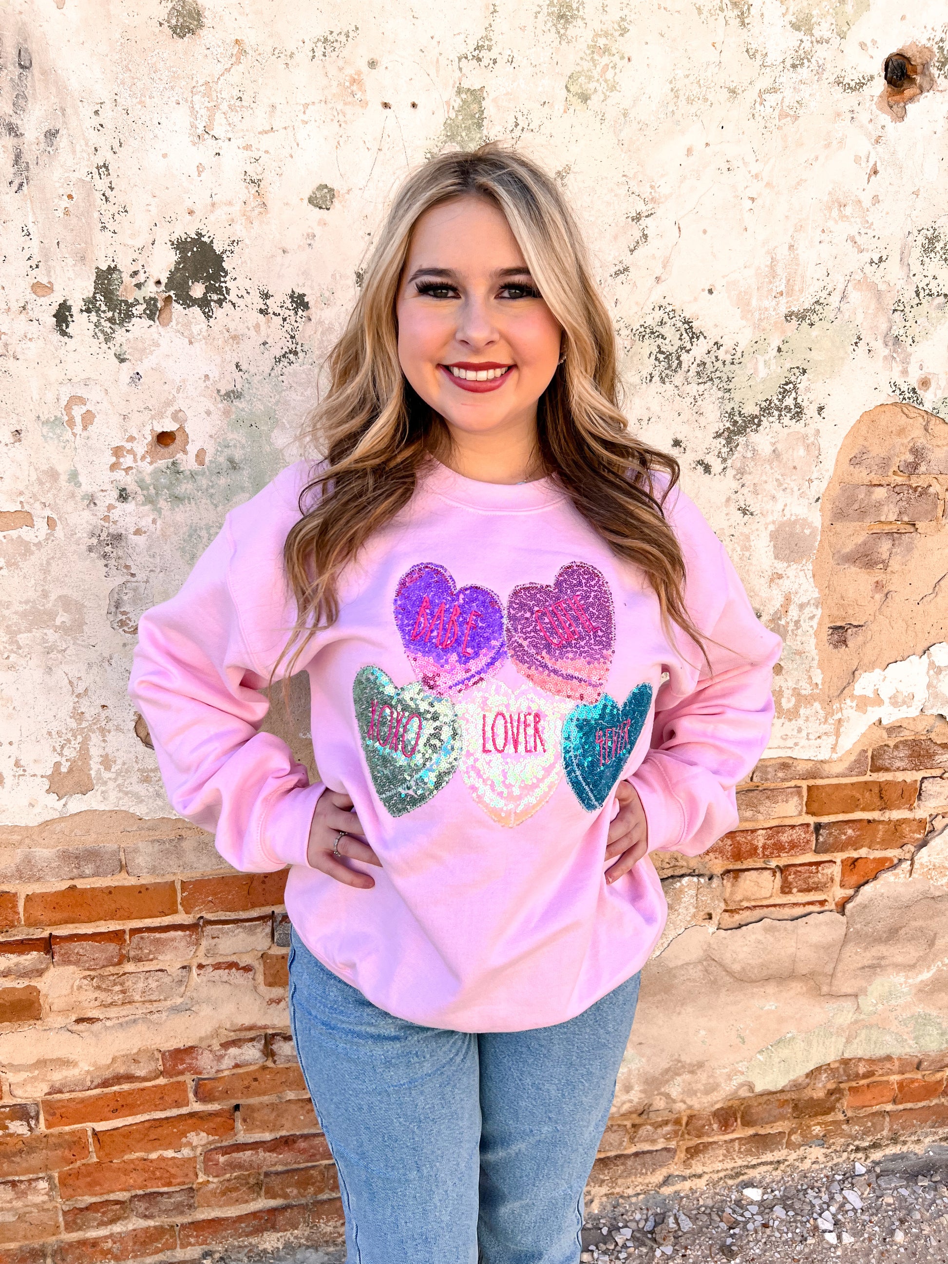 Conversation Valentine Heart Light Pink Sweatshirt-Sweatshirt-Southern Belle Wholesale-Max Retail, Tops Collection-The Twisted Chandelier