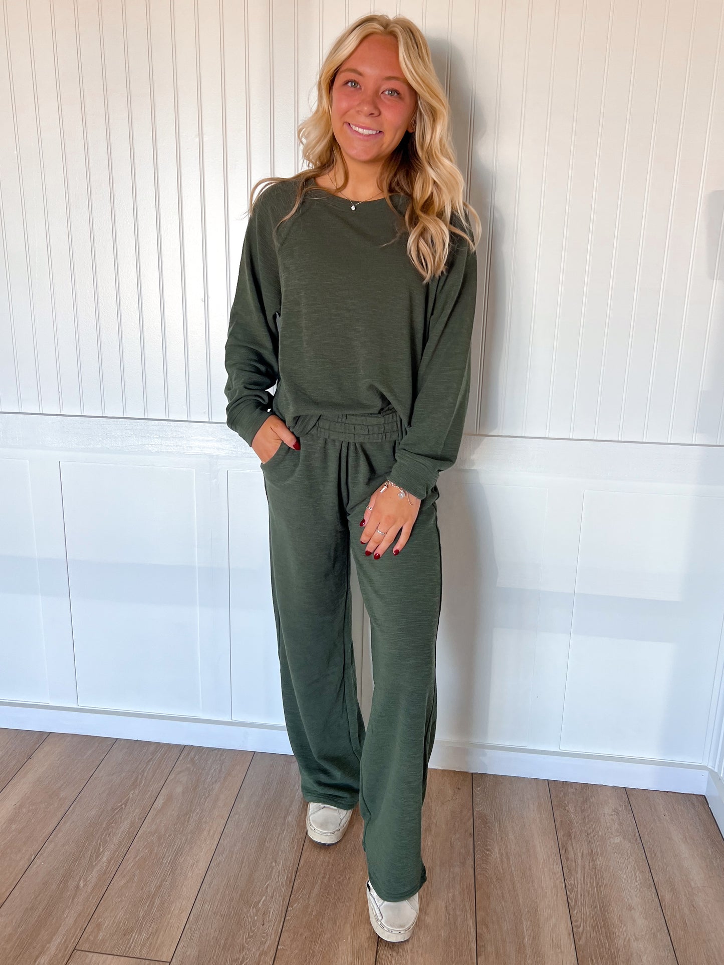 Sally Long Sleeve Top and Pant Set - Dark Olive-Zenana-The Twisted Chandelier