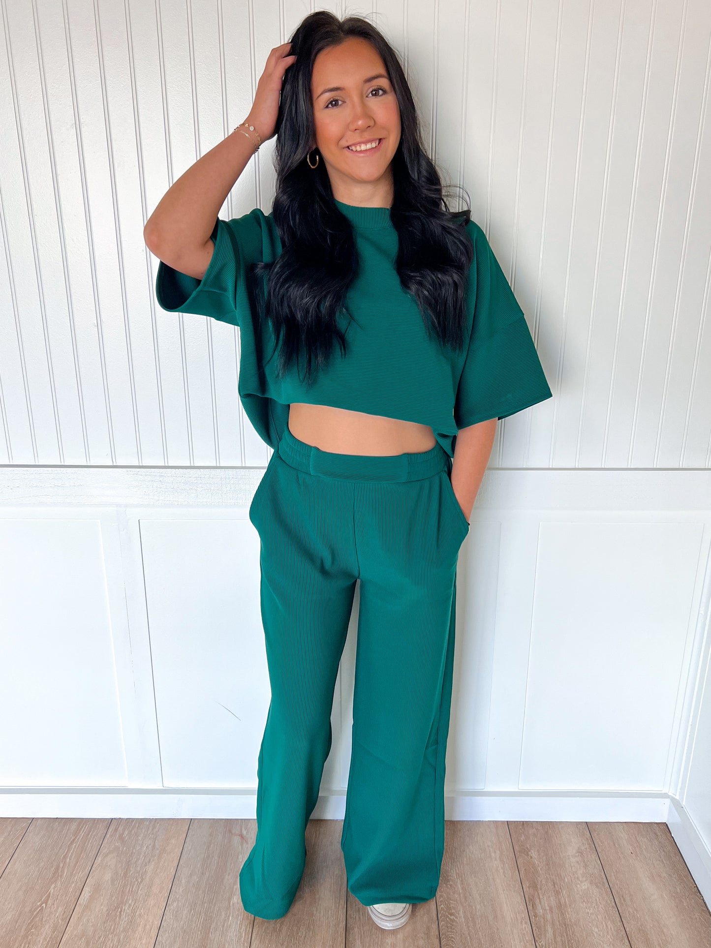 Jovie Ribbed Round Neck Tee & Pants Set – Soft Knit Two-Piece Lounge Outfit - Hunter Green-Outfit Sets-Zenana-FD 11/6/25-The Twisted Chandelier