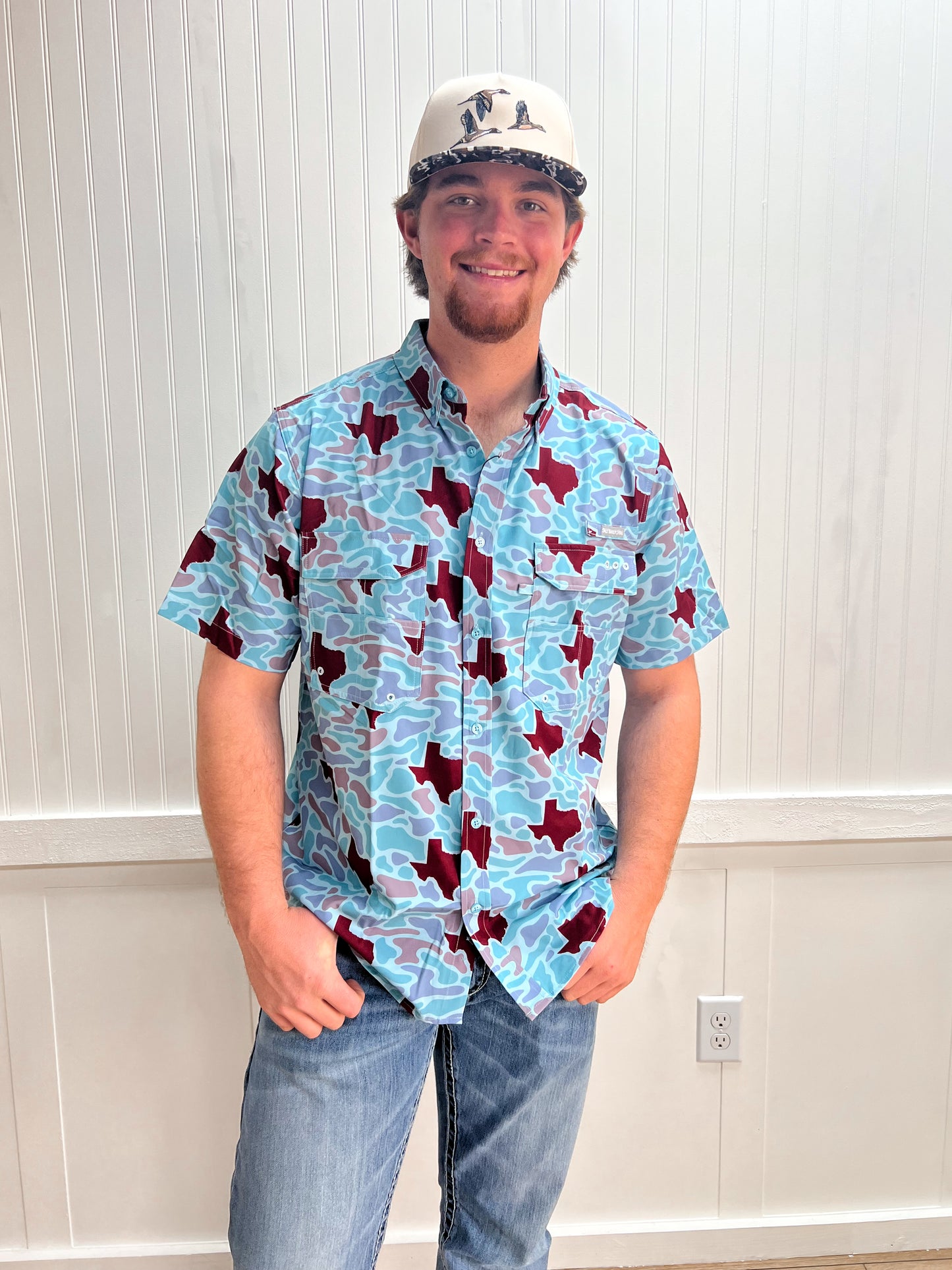 Men's Texas Maroon Camo Fishing Shirt-SALT WATER SOUL-FD 02/18/26,Men's-The Twisted Chandelier
