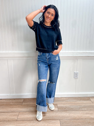 Josie Short Sleeve Round Neck Sweater with Contrast Color Stitch - Black-Shirts & Tops-Active Basic | Active USA-FD 03/31/26,Tops Collection-The Twisted Chandelier