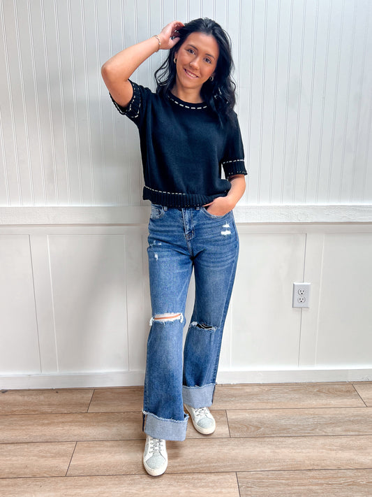 Josie Short Sleeve Round Neck Sweater with Contrast Color Stitch - Black-Active Basic | Active USA-Tops Collection-The Twisted Chandelier