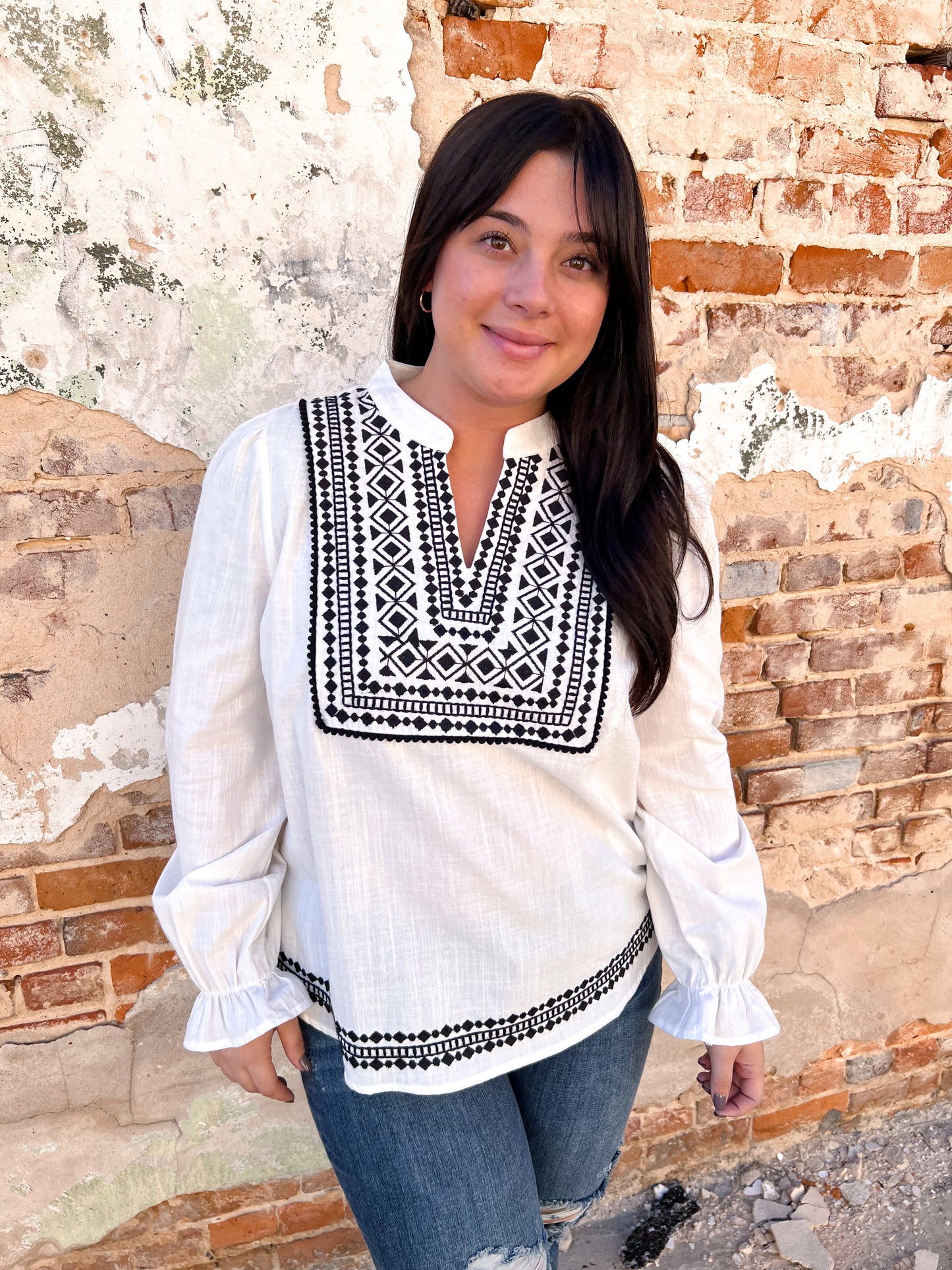 Judy Geometric Embroidered Ivory Top-Dolman Top-Andree-05/15/24, 1st md 6/28, 2nd md, Max Retail, md 7/30, Mystery l -GK2, Mystery Medium - 811X, Mystery Small - HJT7, T11286-The Twisted Chandelier