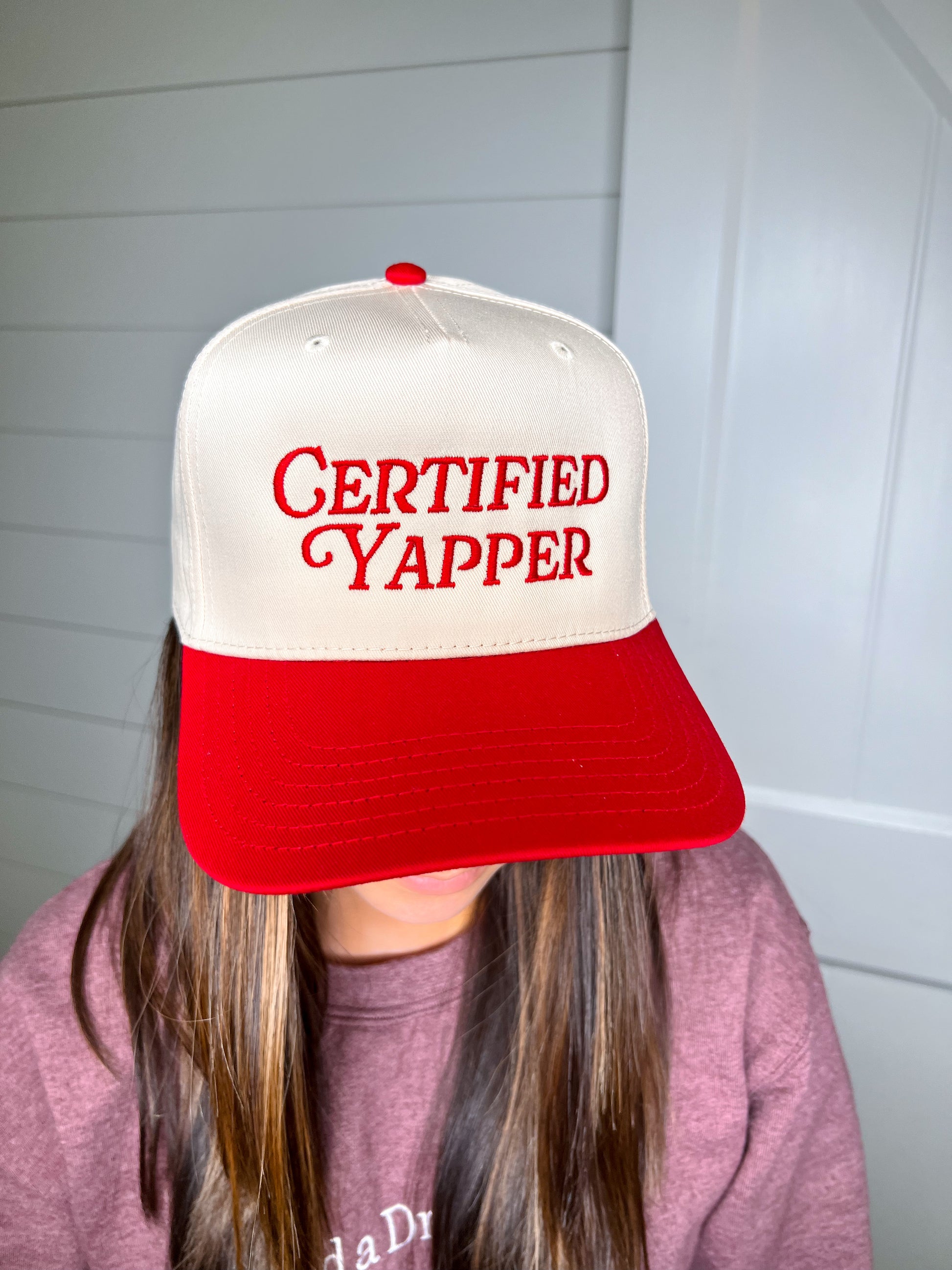 Certified Yapper Two-Toned Vintage Hat-Katydid-FD 05/13/25-Red and Tan-The Twisted Chandelier