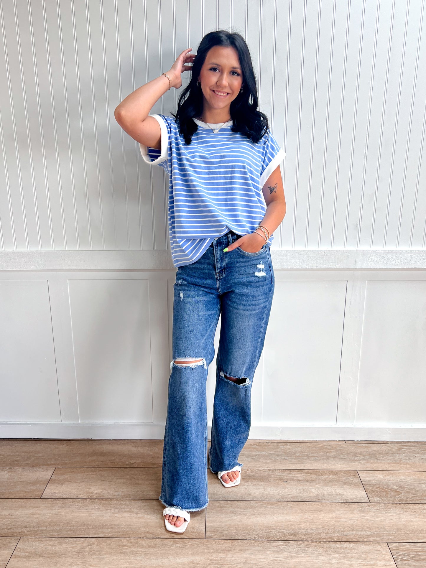 Carly Contrast Trim Cap Sleeve Stripe Tee-Top-Zenana-FD 05/26/26,Tops Collection-The Twisted Chandelier