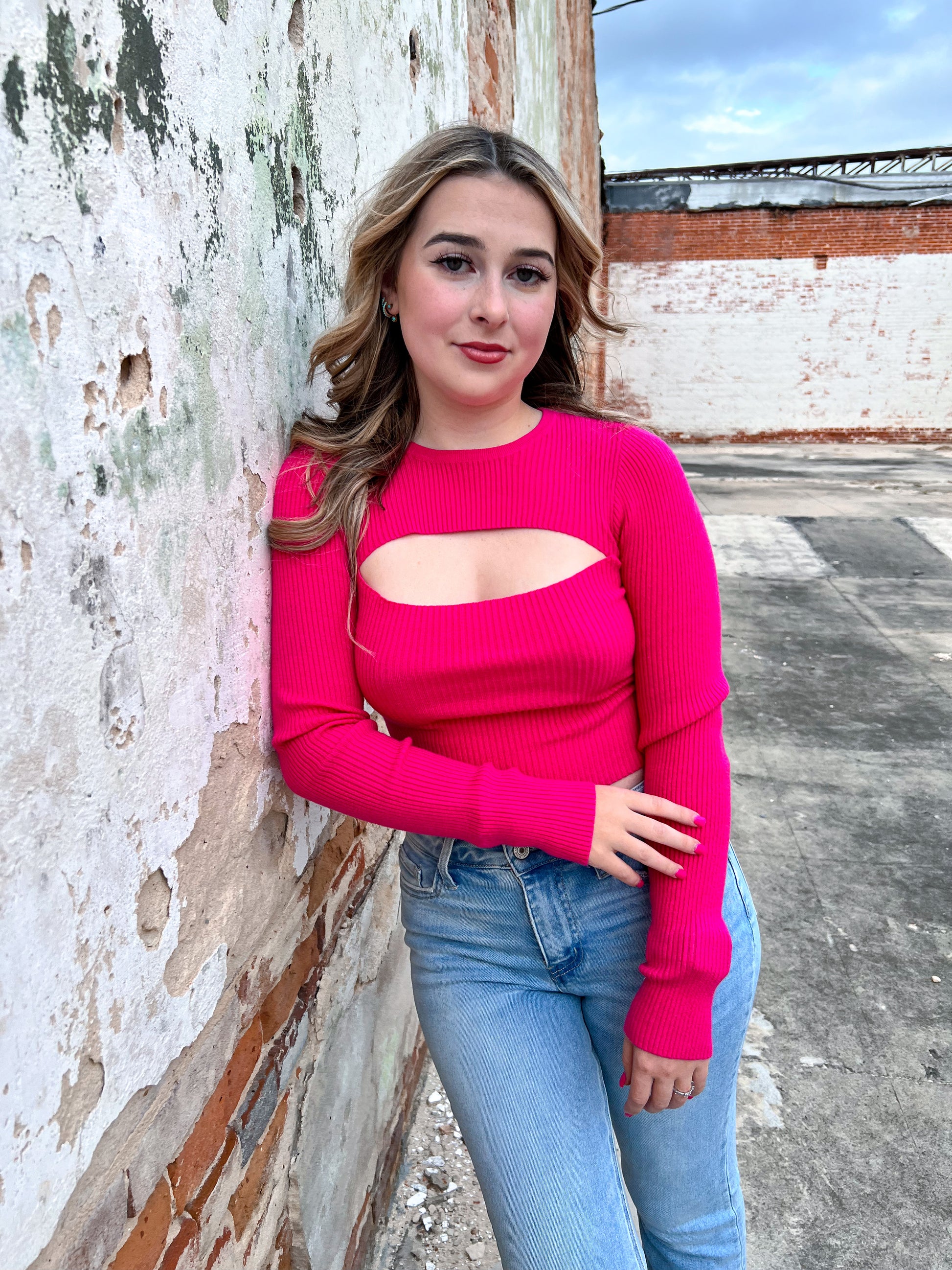 Kaylee Long Sleeve Cropped Cut Out Top - Fuchsia-TOPS-hyfve-04/25, 05/27/24, 1st md-The Twisted Chandelier