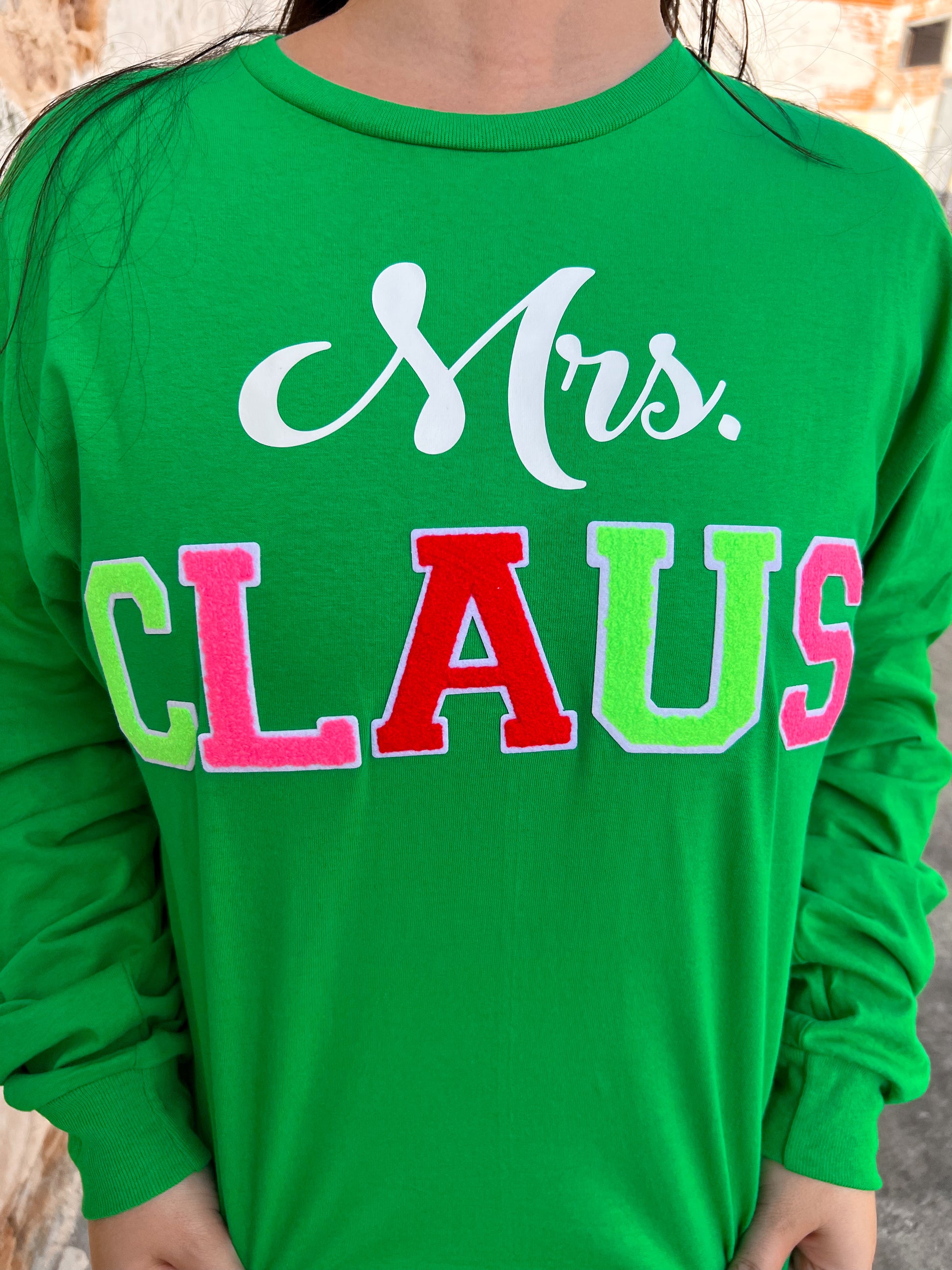 Soft Ideal Chenille Mrs. Claus Long Sleeve T-Shirt-TOPS-Tees2urdoor-BIN D6-The Twisted Chandelier