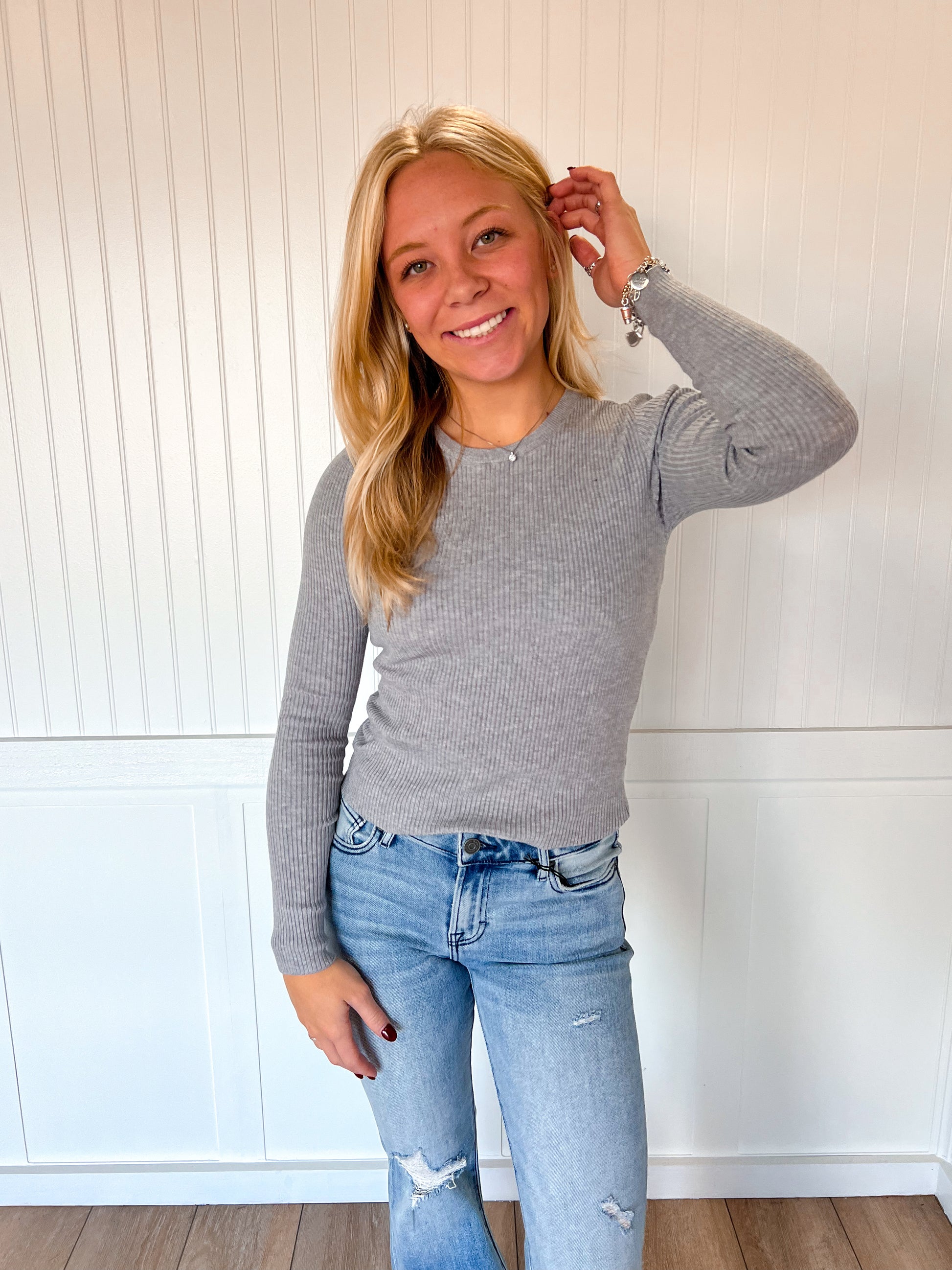 Coraline Long Sleeve Crew Neck Viscose Rib Sweater - Heather Grey-Active Basic | Active USA-The Twisted Chandelier