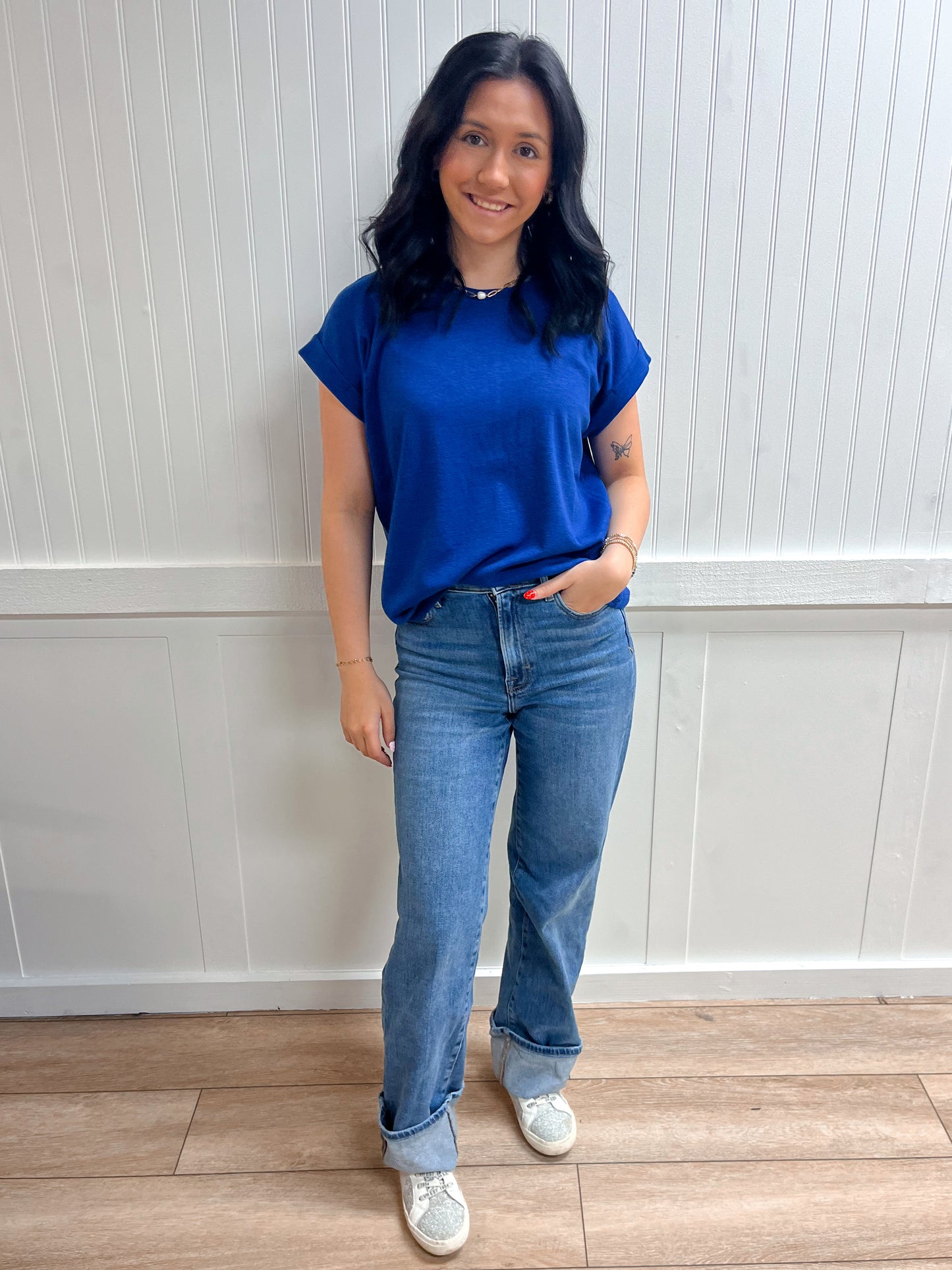 Delaney Cotton Modal Slub Rolled Sleeve Tee - Light Navy-ZENANA-FD 03/12/26,Tops Collection-The Twisted Chandelier