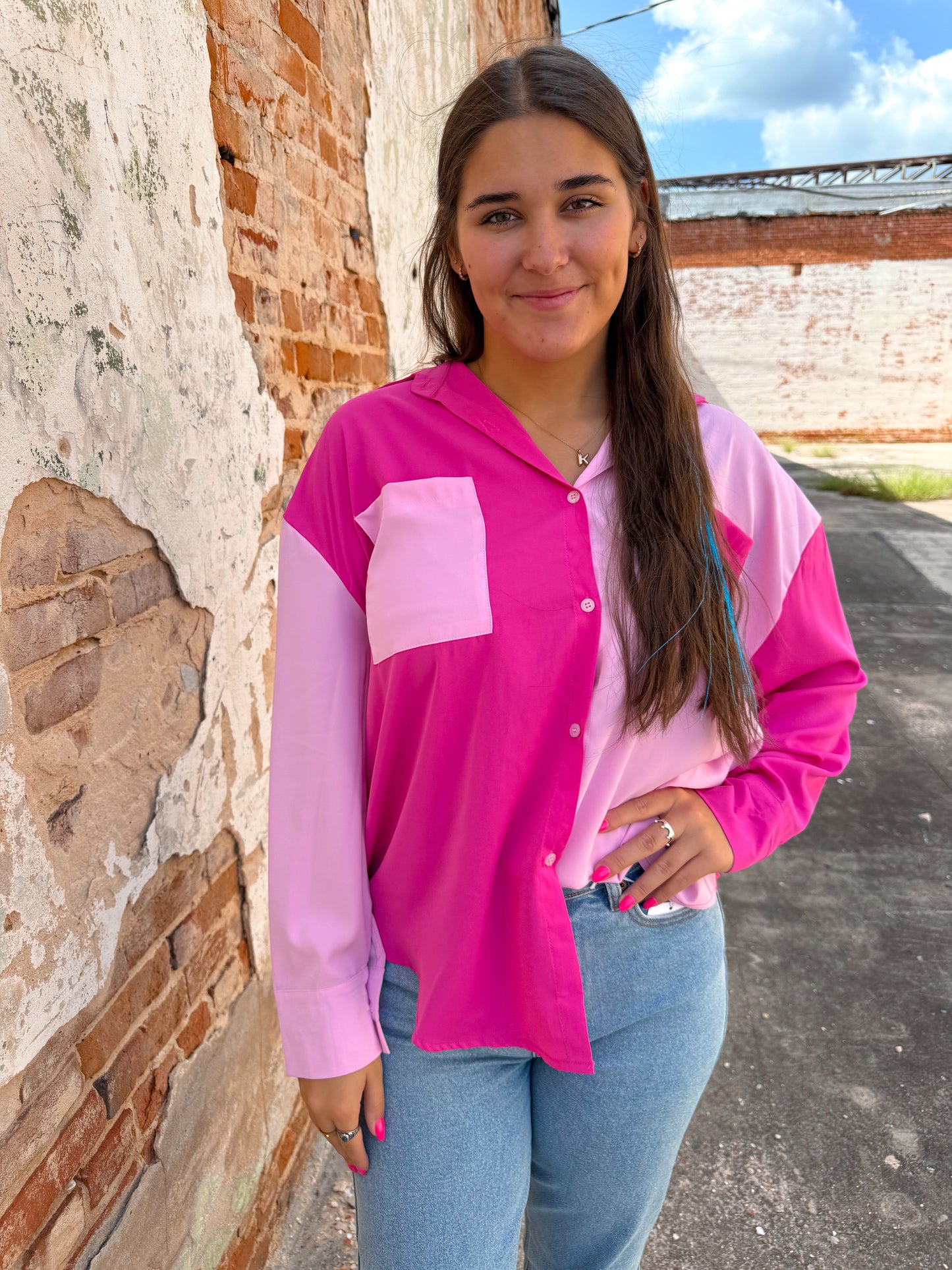 Pink Color Block Button Up Top-TOP-Southern Grace Wholesale-7660-CC-PINK, Bin b3, Tops Collection-The Twisted Chandelier