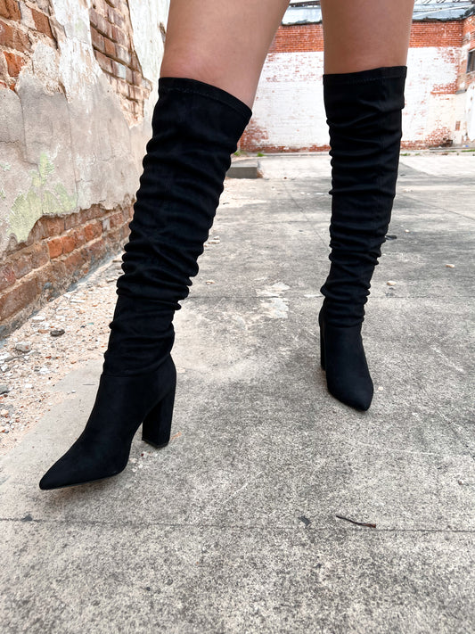 Over the Knee Black Stretch Faux Suede Boots-Boots-Qupid-04/25, 05/27/24, 09/12/23, 1st md, Max Retail-The Twisted Chandelier