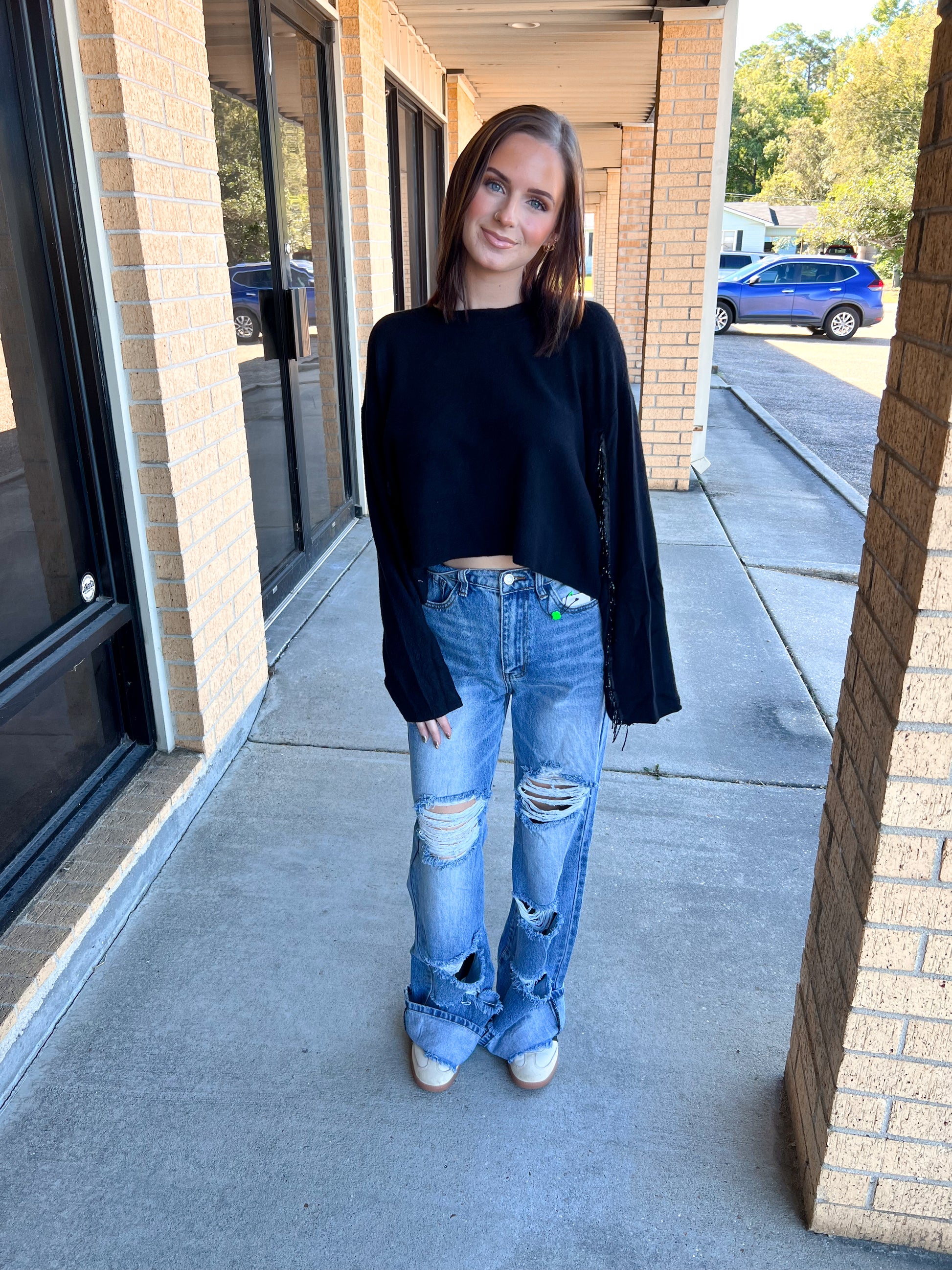 Valentina Black Sweater Rhinestone Fringed Sleeves-Sweater-Vocal-20005L,Max Retail,not on the floor only in totes,Winter Tote T1-The Twisted Chandelier