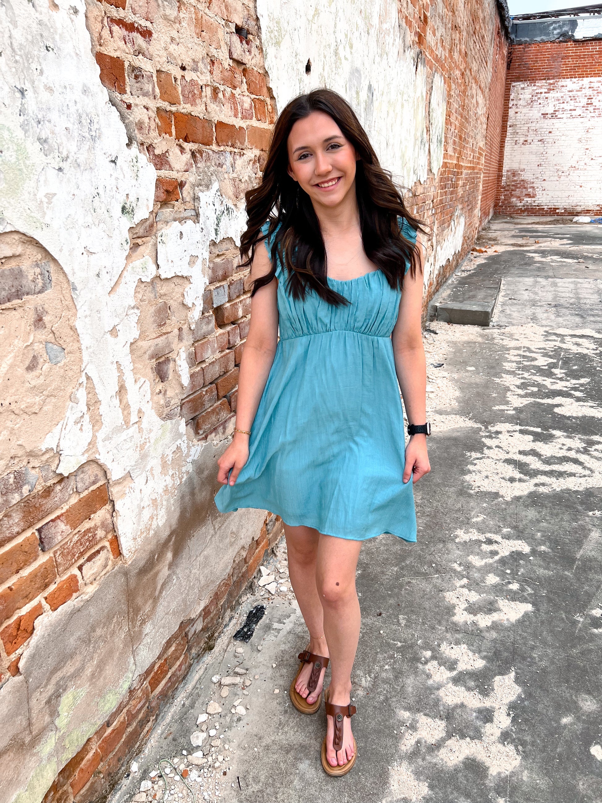 Zelma Dark Mint Ruched Mini Dress-Apparel & Accessories-blu pepper-Bin B1,CR2228,DJR,Fd 05/28/24-The Twisted Chandelier