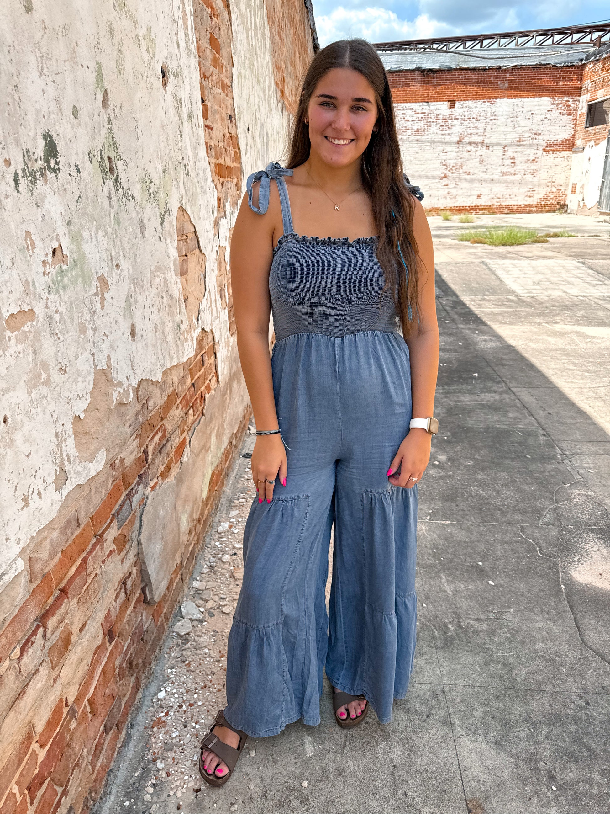 Claira Smocked Tie Shoulder Chambray Palazzo Wide Pant Jumpsuit-Romper-Entro-bin c3, CR 08/05/24-The Twisted Chandelier