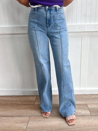 Corrine High Rise Patch Pocket Pintuck Wide Leg Jeans-Pants-Lovervet by VERVET-bottoms,LV2406-The Twisted Chandelier
