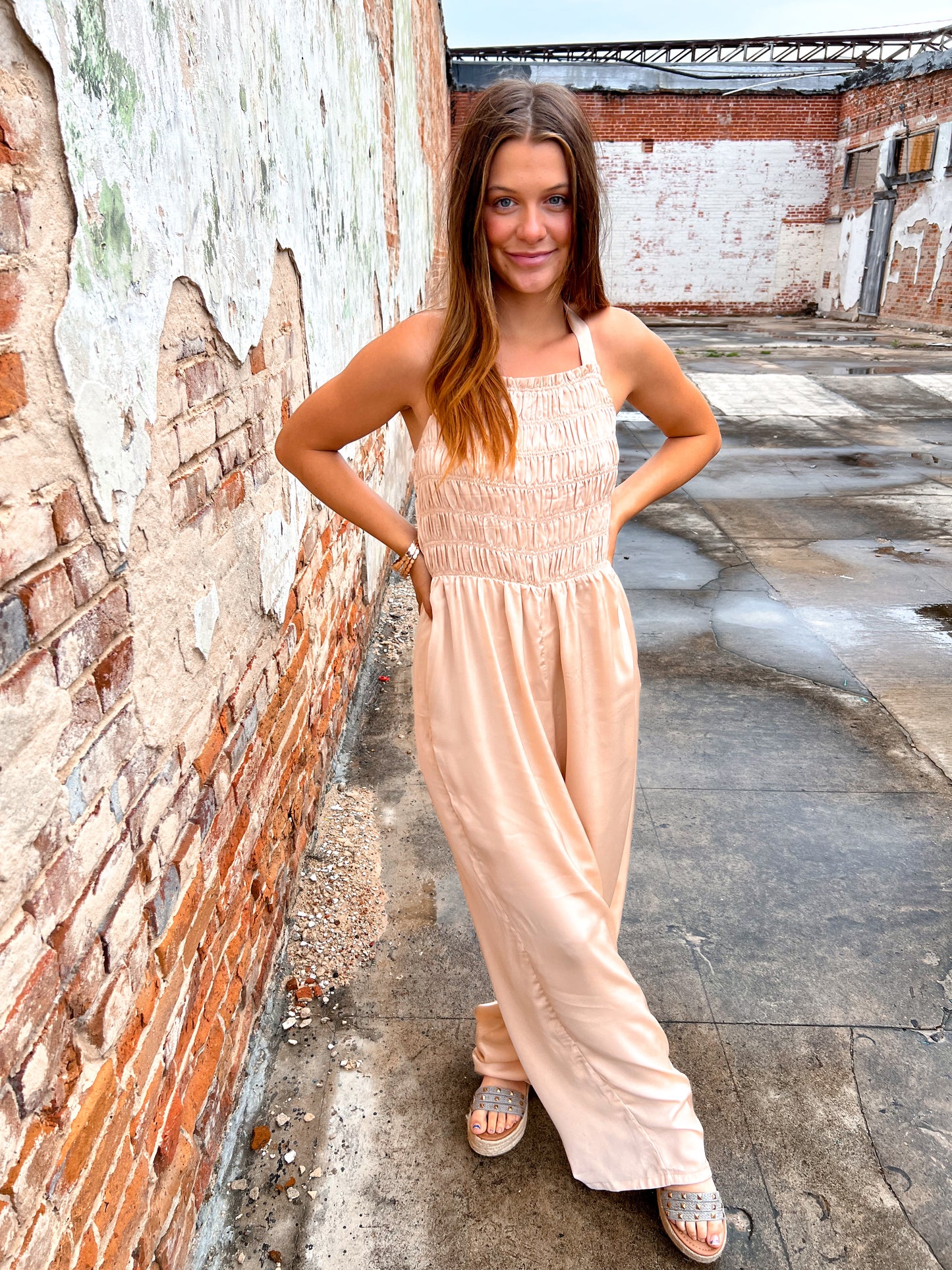 Davina Halter Neck Tie Closure Smocked Jumpsuit-Jumpsuits & Rompers-Davi & Dani-08/18/24, 1st md, Bin b2, DR30073, OGP 59.99-The Twisted Chandelier