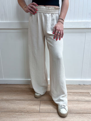 Wren Woven Airflow Elastic Waistband Pants - Sand Beige-Pants-ZENANA-bottoms,FD 03/12/26-The Twisted Chandelier