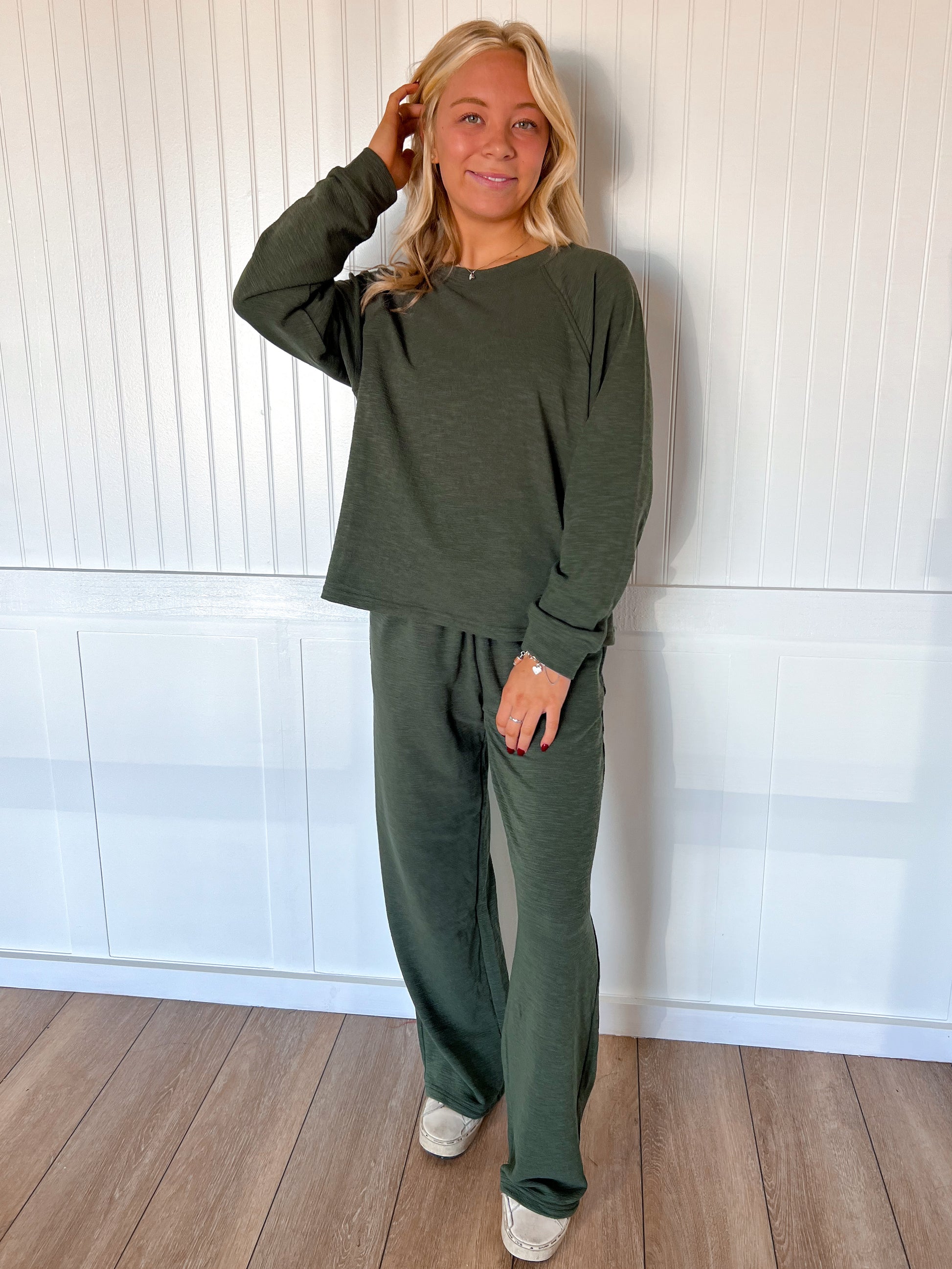 Sally Long Sleeve Top and Pant Set - Dark Olive-Zenana-The Twisted Chandelier